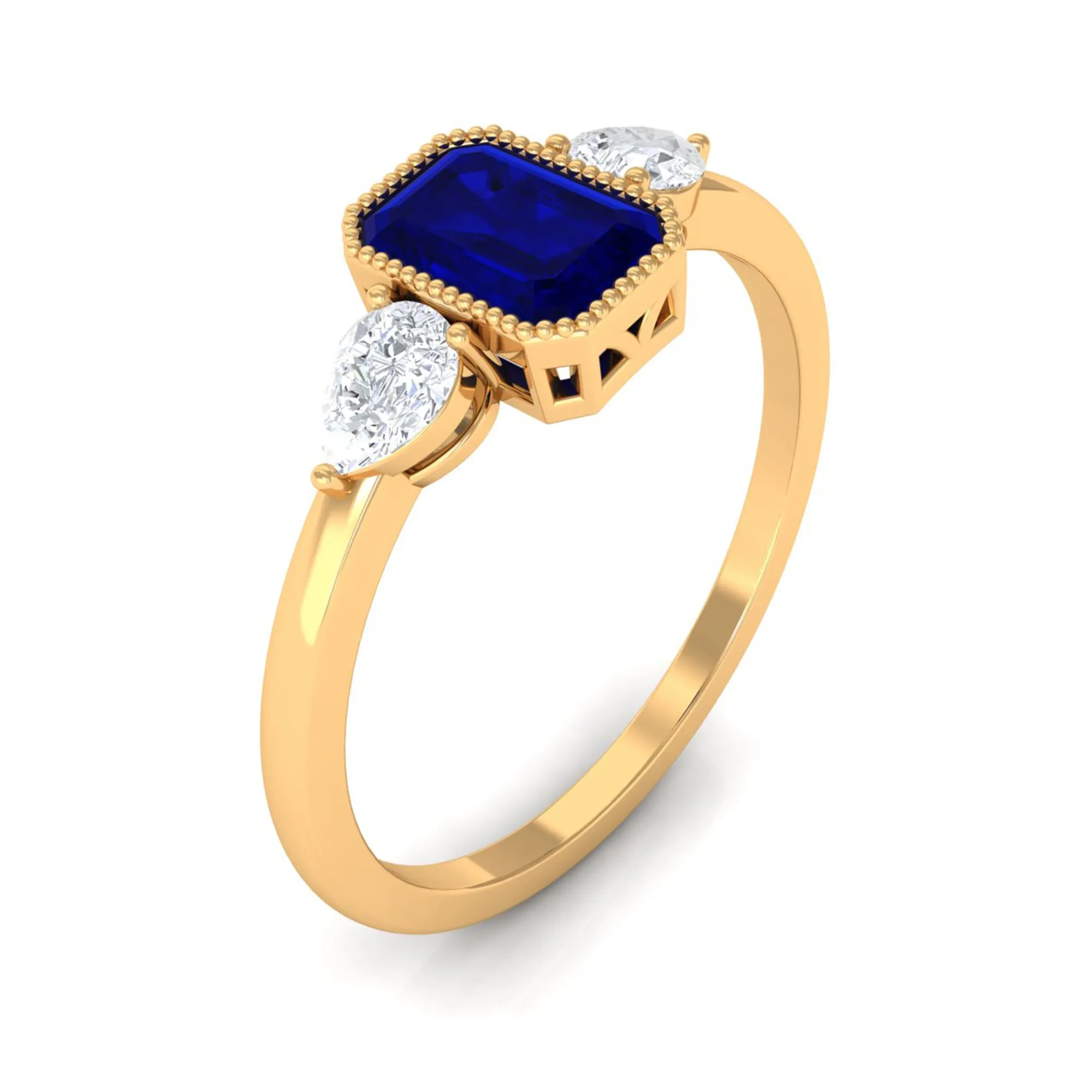 1 CT Blue Sapphire and Diamond Three Stone Ring in Bezel Setting