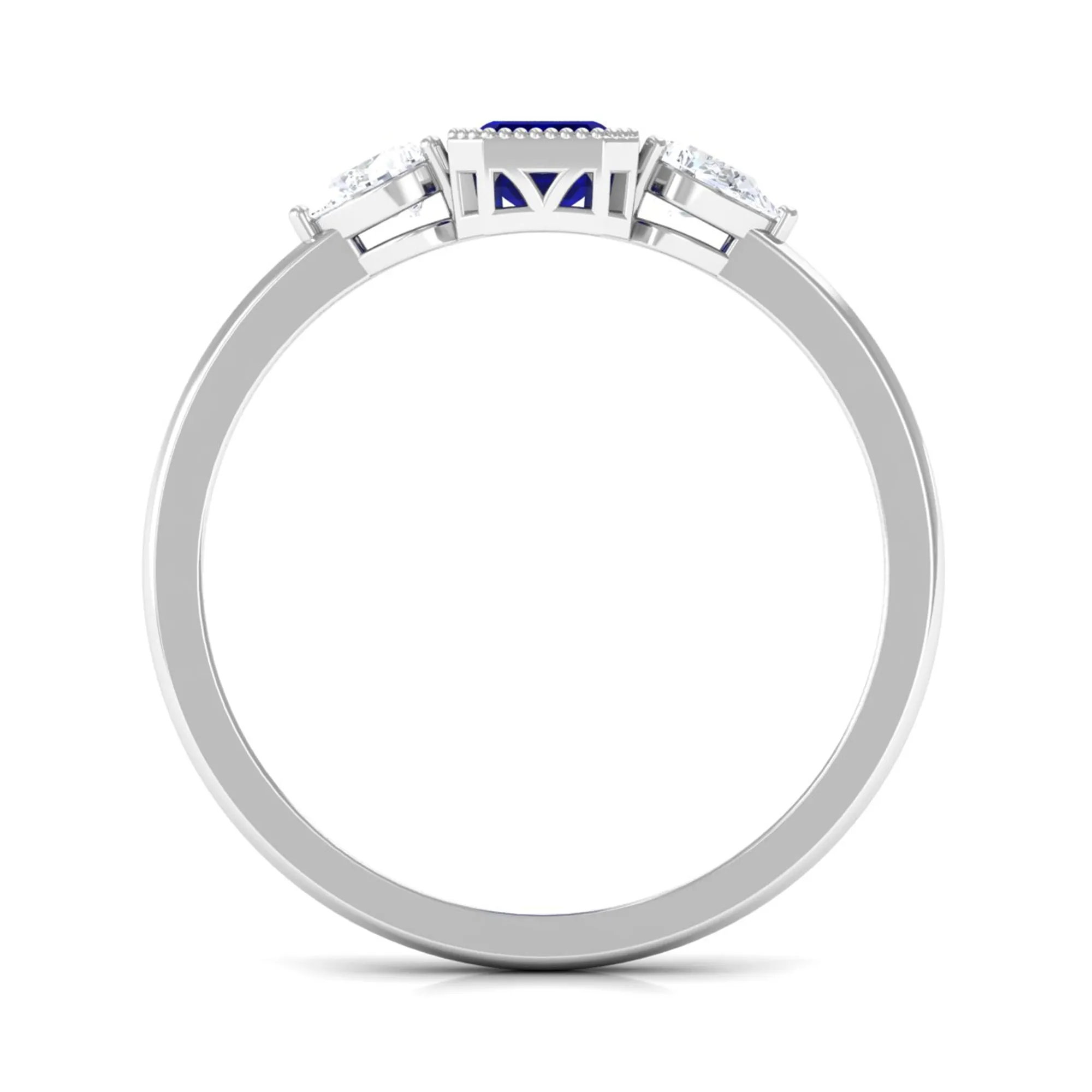 1 CT Blue Sapphire and Diamond Three Stone Ring in Bezel Setting