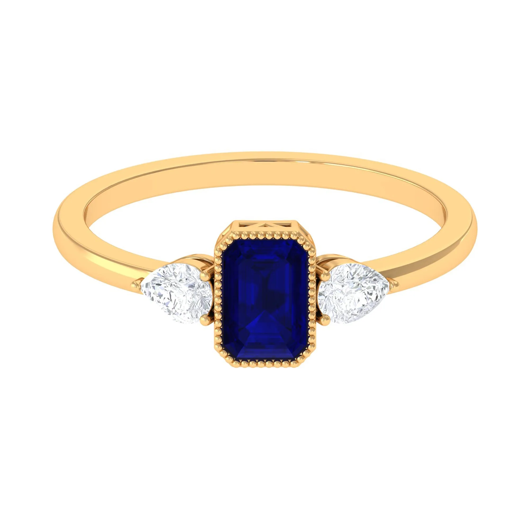 1 CT Blue Sapphire and Diamond Three Stone Ring in Bezel Setting