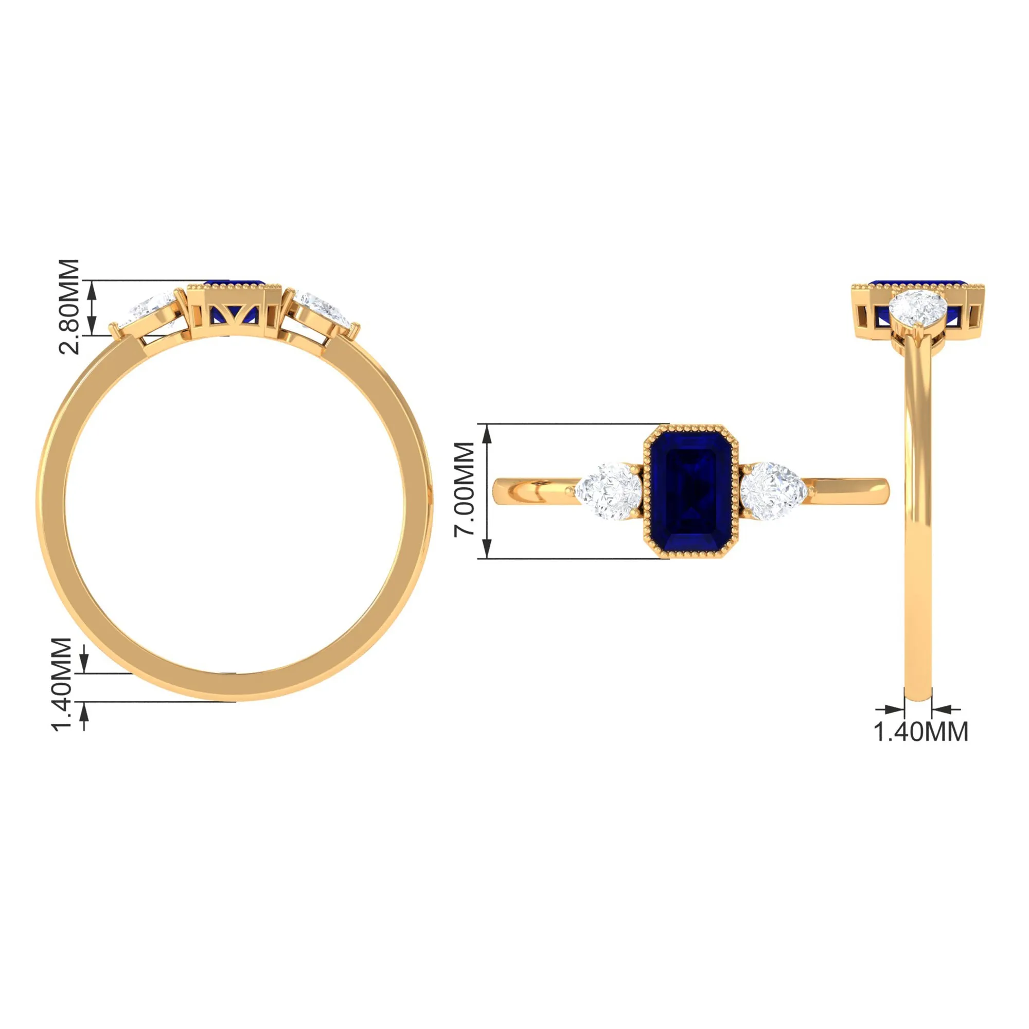 1 CT Blue Sapphire and Diamond Three Stone Ring in Bezel Setting