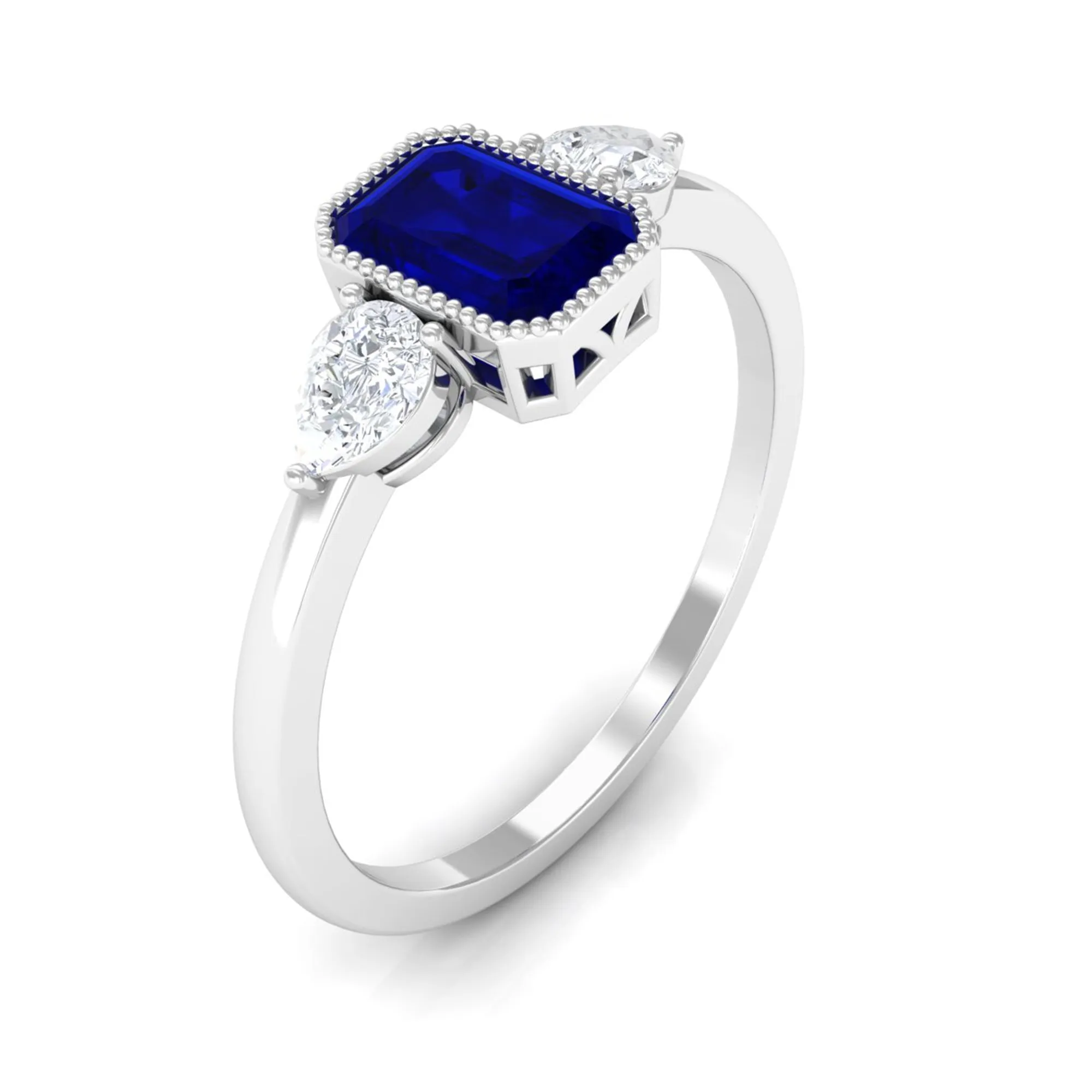 1 CT Blue Sapphire and Diamond Three Stone Ring in Bezel Setting