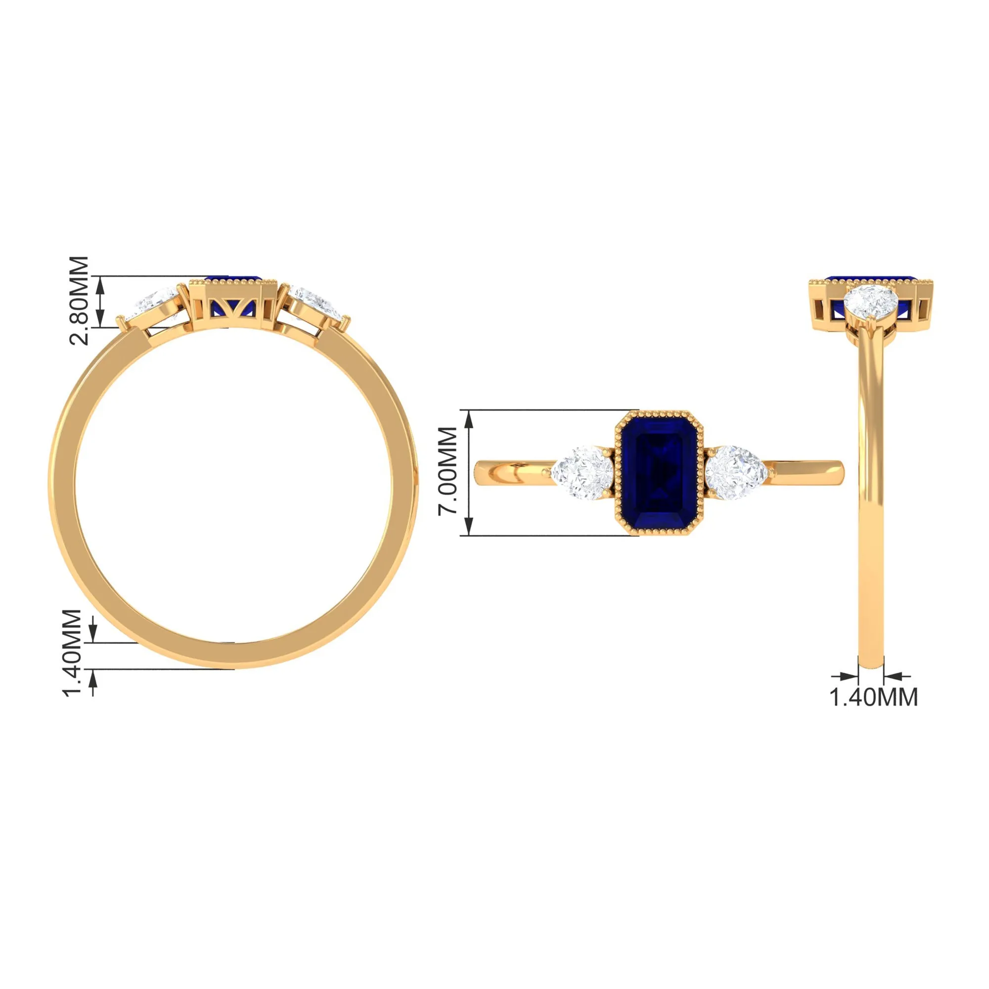 1 CT Blue Sapphire and Diamond Three Stone Ring in Bezel Setting