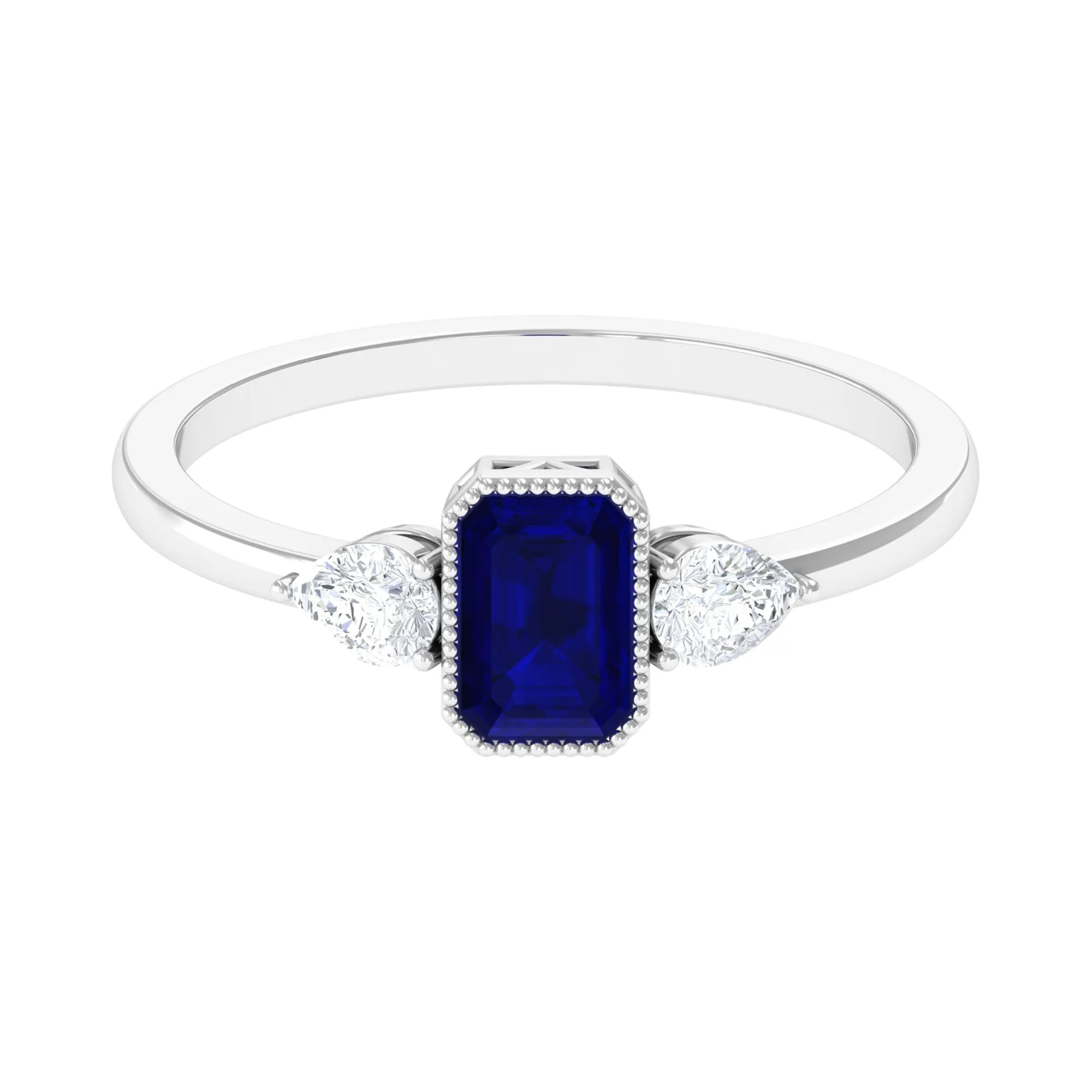 1 CT Blue Sapphire and Diamond Three Stone Ring in Bezel Setting