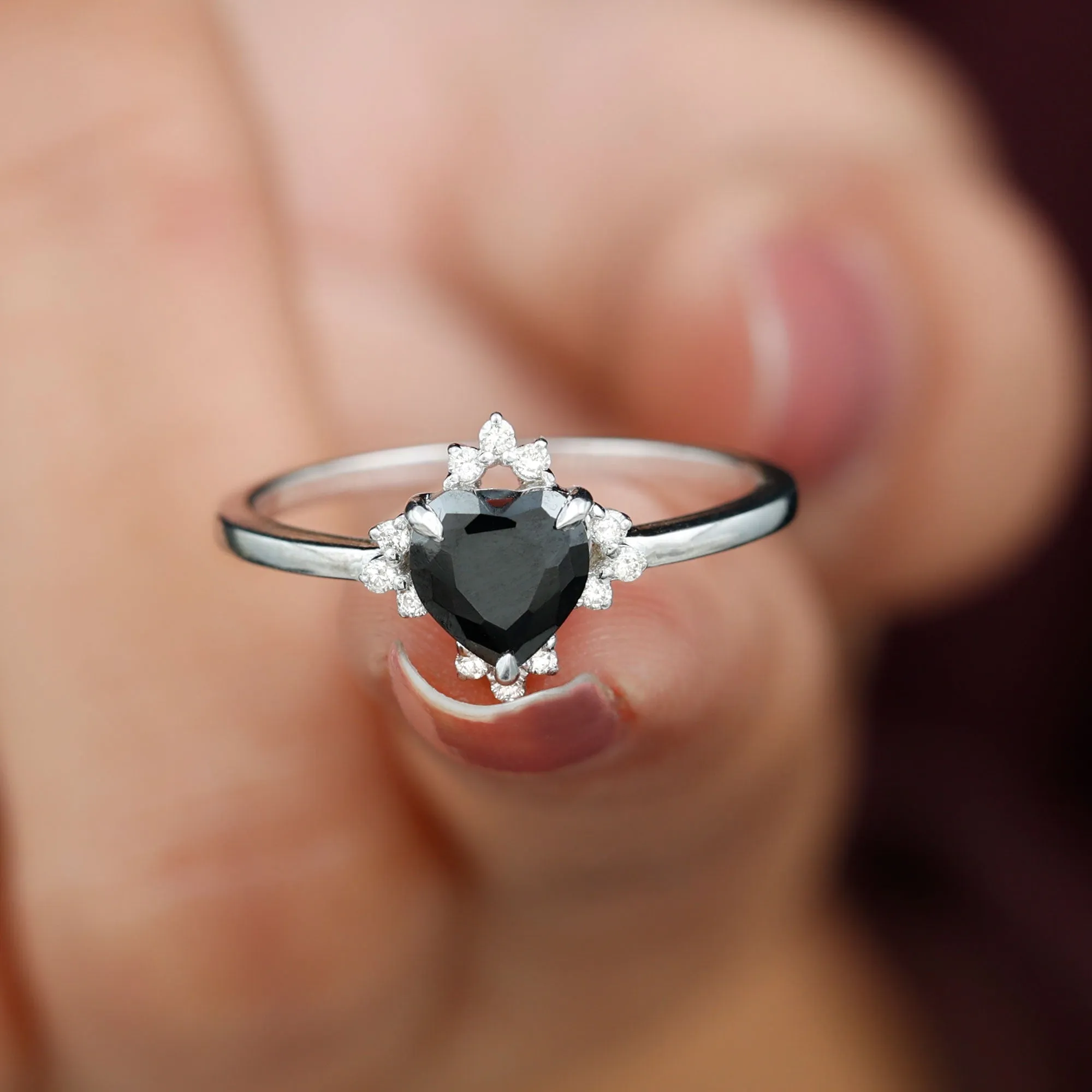 1 CT Heart Shape Black Onyx Solitaire Promise Ring with Diamond Accent