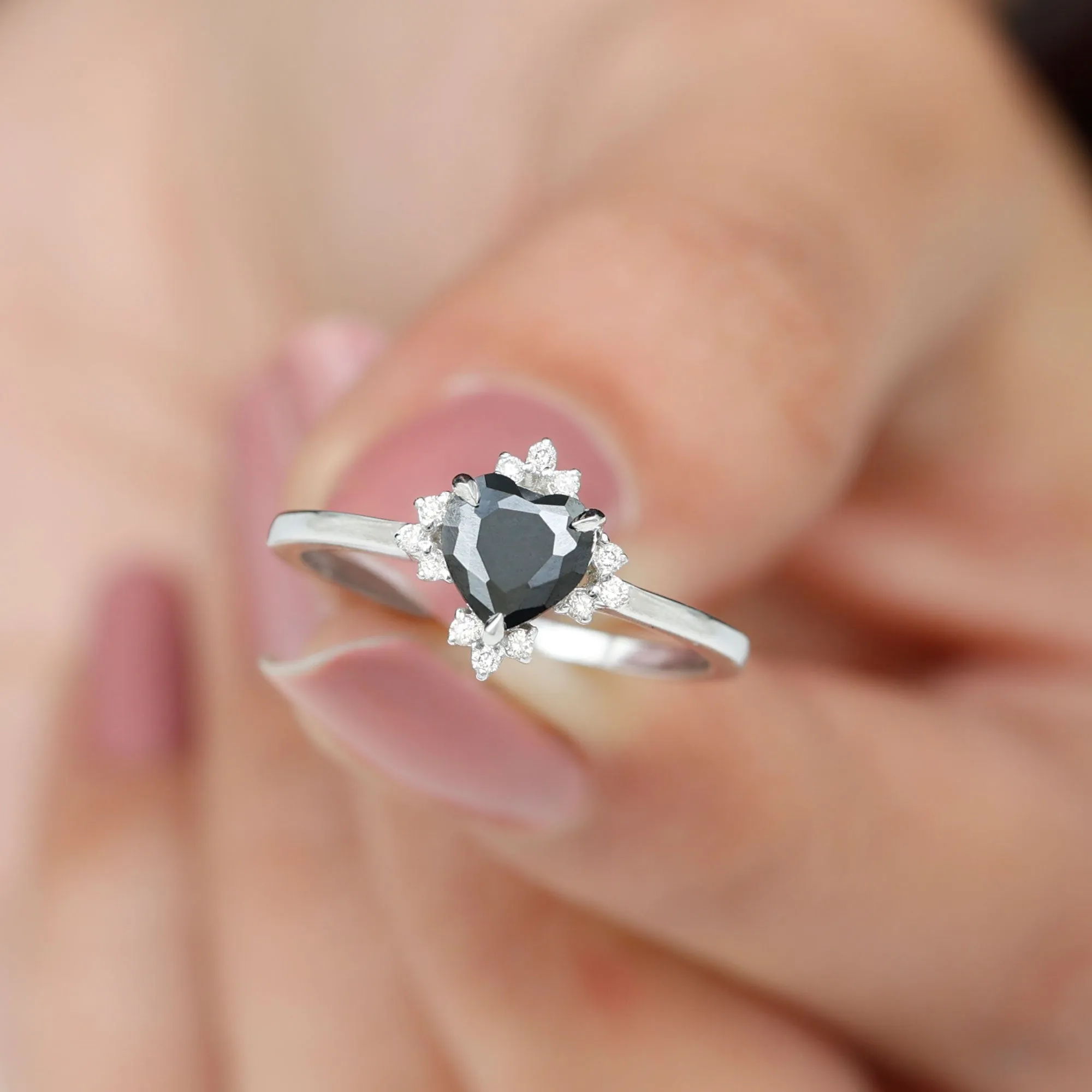 1 CT Heart Shape Black Onyx Solitaire Promise Ring with Diamond Accent