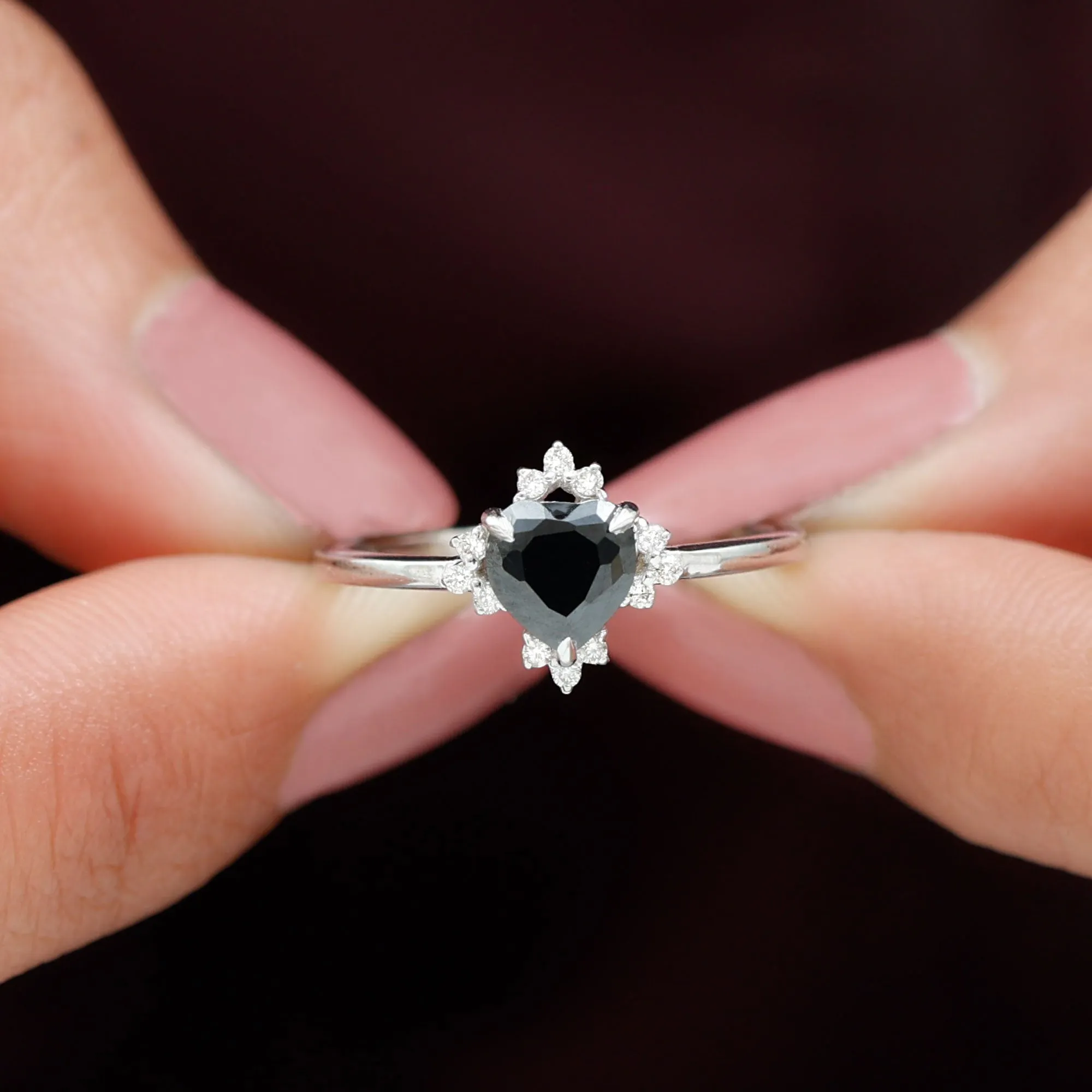 1 CT Heart Shape Black Onyx Solitaire Promise Ring with Diamond Accent