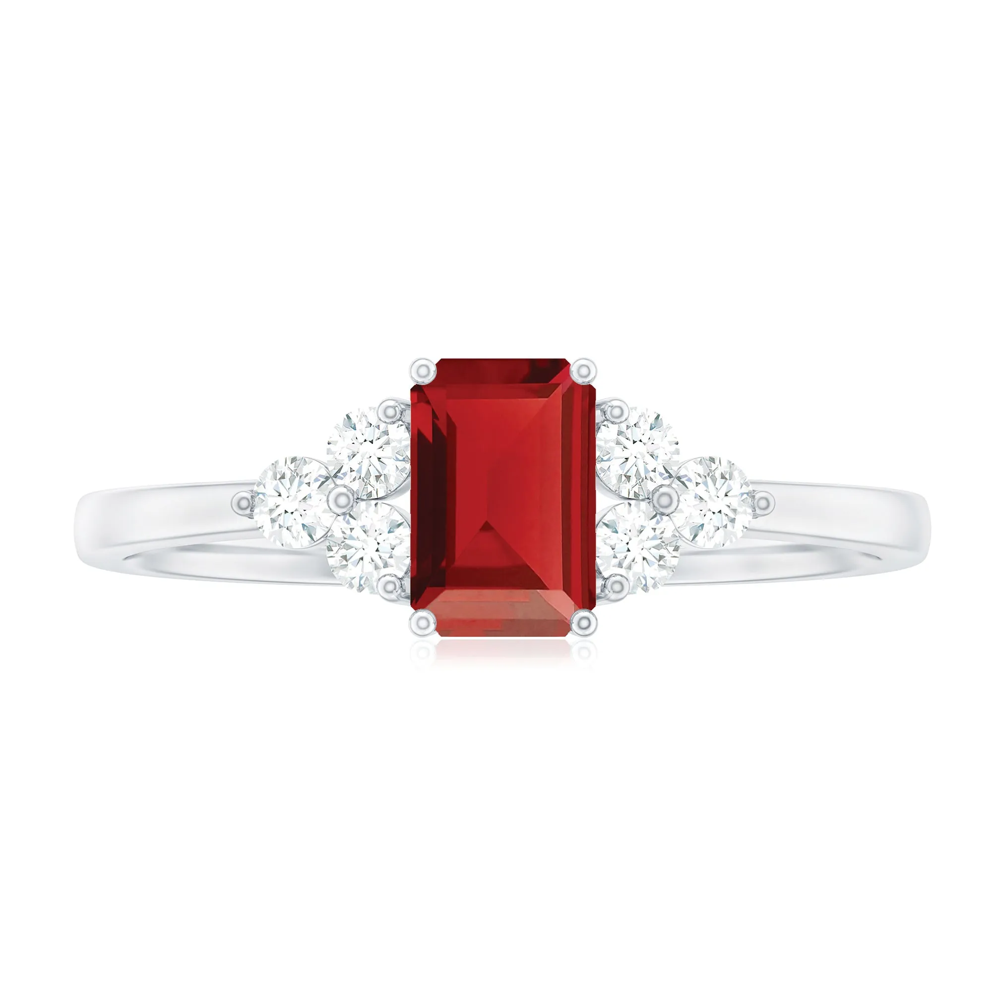 1 CT Octagon Cut Lab Grown Ruby Solitaire Ring with Diamond Trio