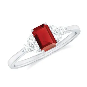 1 CT Octagon Cut Lab Grown Ruby Solitaire Ring with Diamond Trio