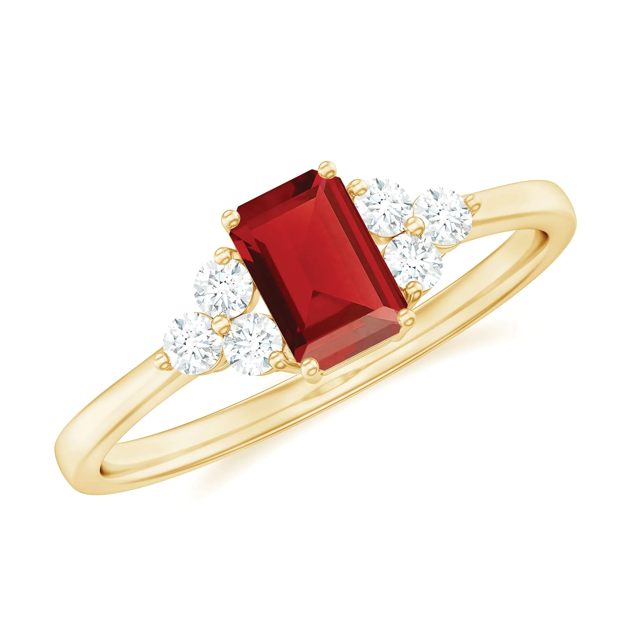 1 CT Octagon Cut Lab Grown Ruby Solitaire Ring with Diamond Trio