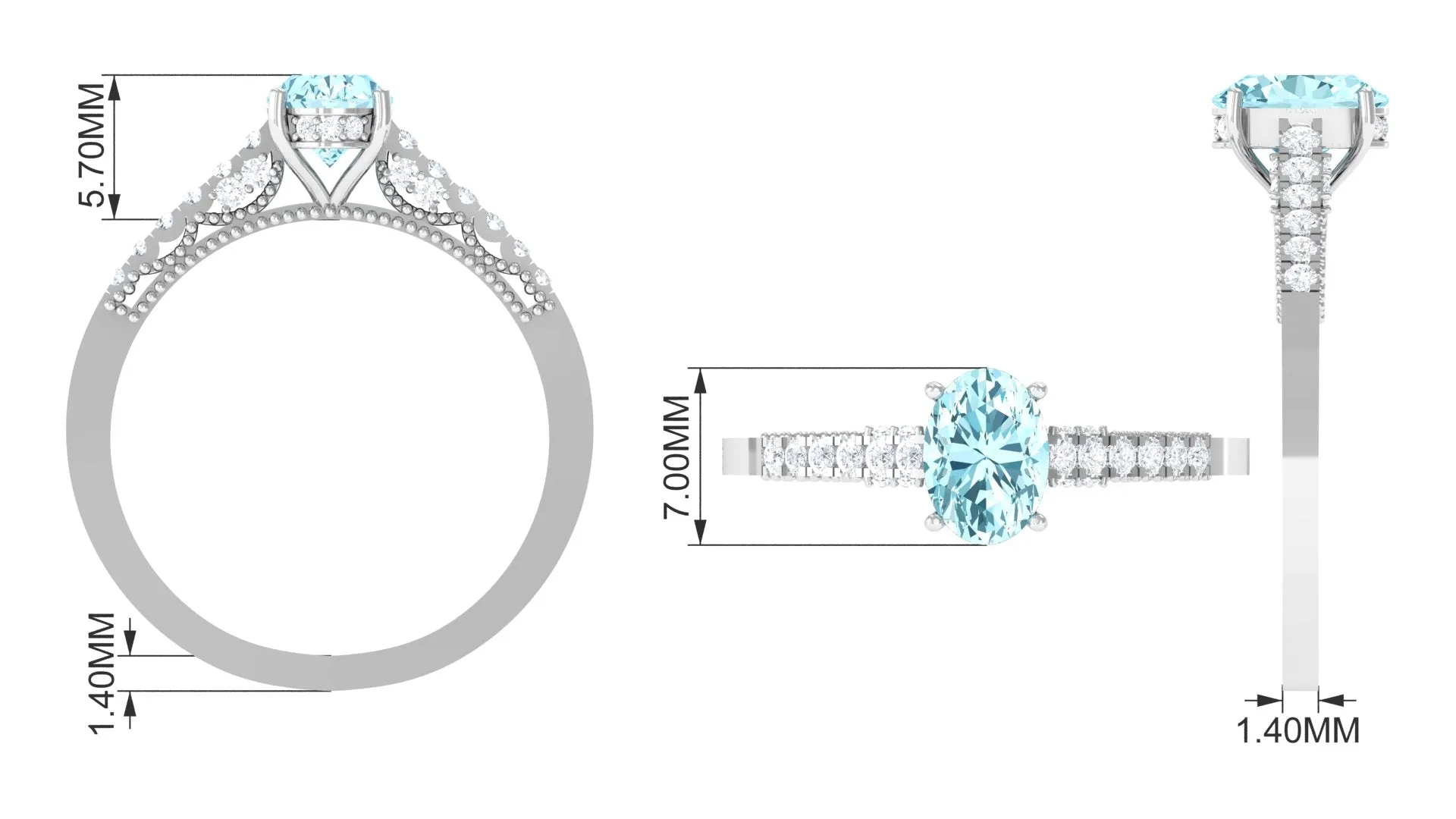 1 CT Oval Aquamarine Solitaire Engagement Ring with Diamond Side Stones