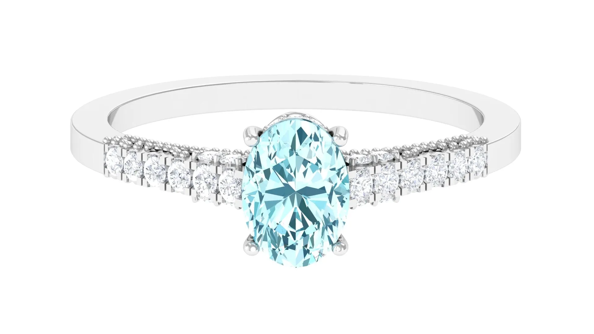 1 CT Oval Aquamarine Solitaire Engagement Ring with Diamond Side Stones