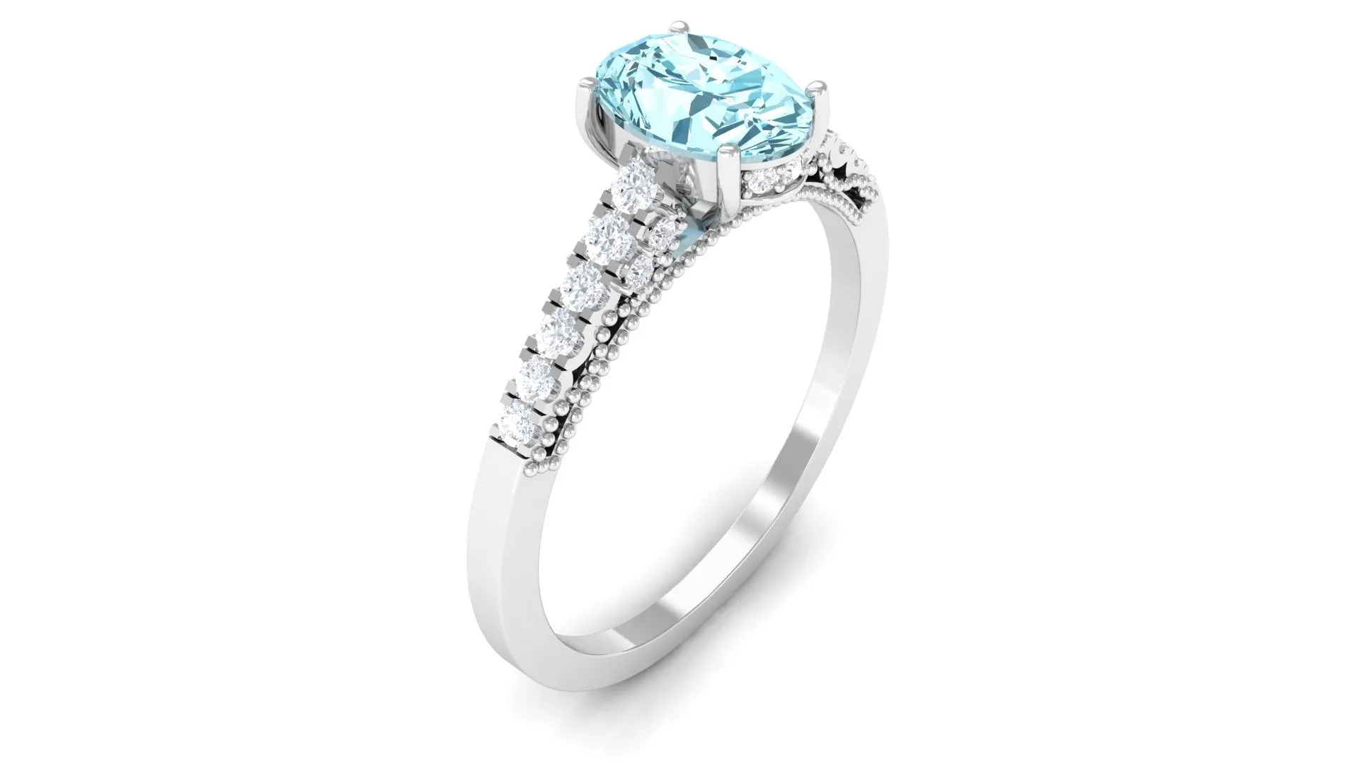 1 CT Oval Aquamarine Solitaire Engagement Ring with Diamond Side Stones