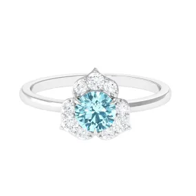 1 CT Round Aquamarine Flower Engagement Ring with Diamond