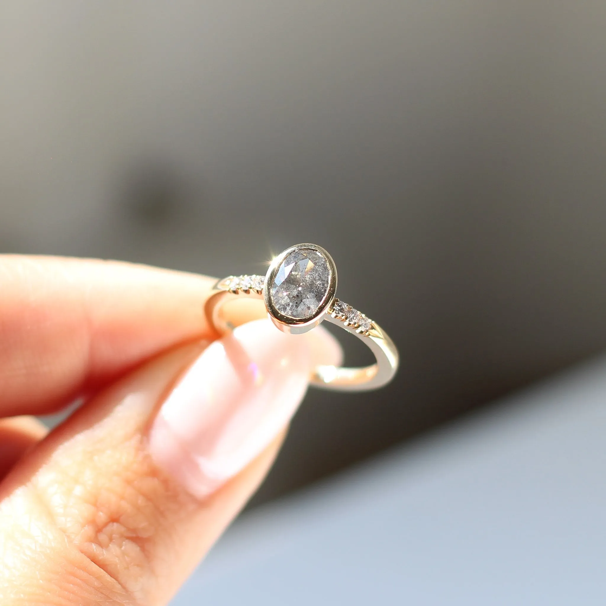 1.07ct Oval Bezel Salt and Pepper Diamond Ring