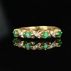 10K Gold Ribbon Design Diamond Emerald Ring Band