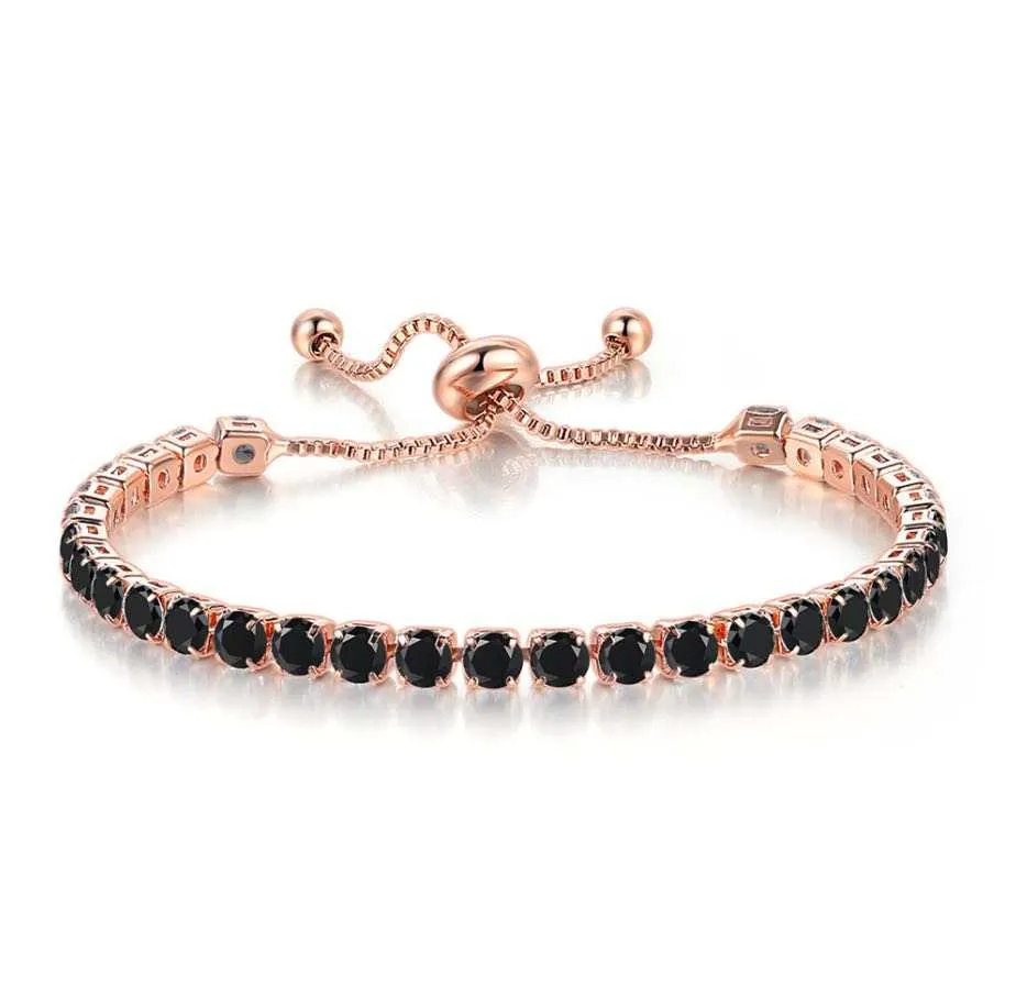 10k Rose Gold 6 Cttw Created Black Sapphire Round Adjustable Tennis Plated Bracelet