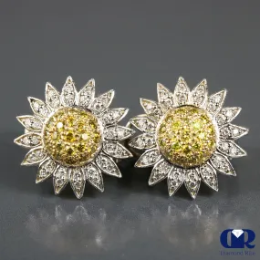 1.30 Carat Diamond Sunflower Earrings 14K White Gold W/Omega Back