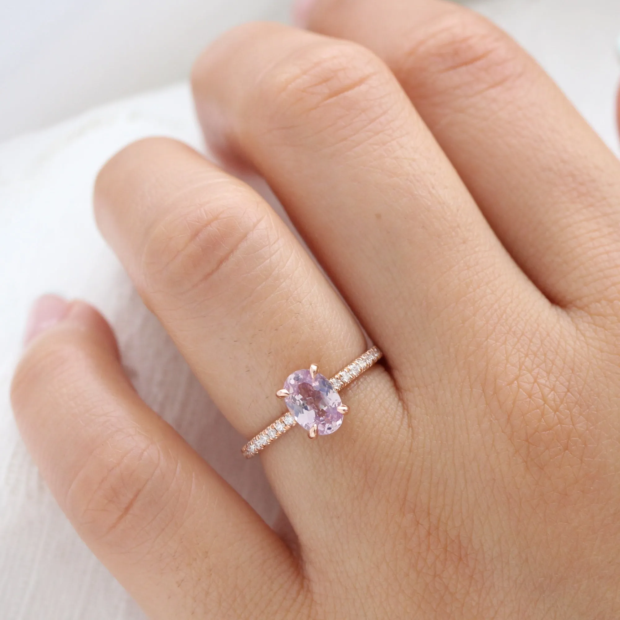 1.42 Ct Oval Lavender Sapphire Diamond Ring in 14k Rose Gold Low Profile Ring, Size 6.25