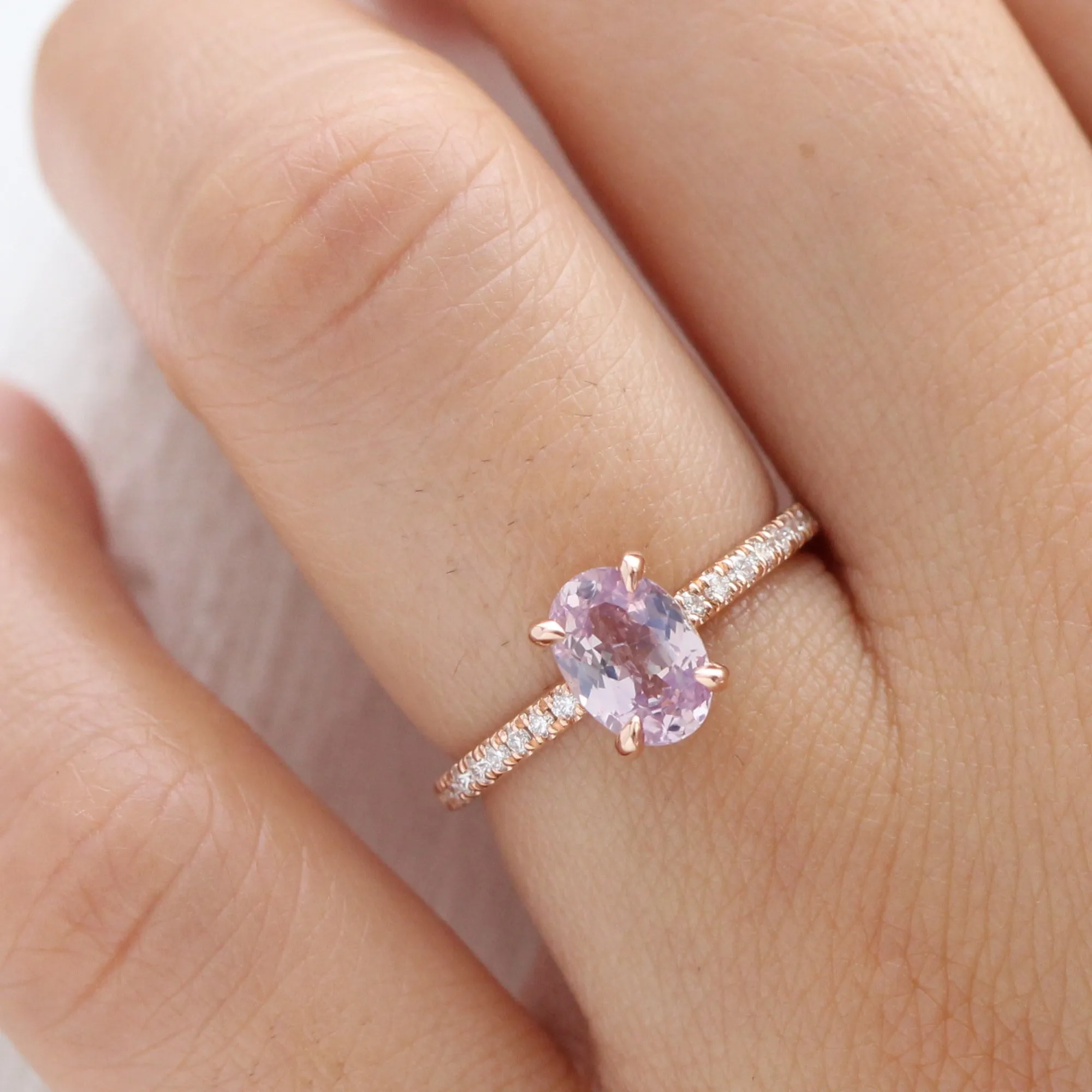 1.42 Ct Oval Lavender Sapphire Diamond Ring in 14k Rose Gold Low Profile Ring, Size 6.25