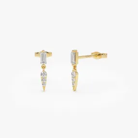 14k Baguette & Round Diamond Dangle Spike Earrings