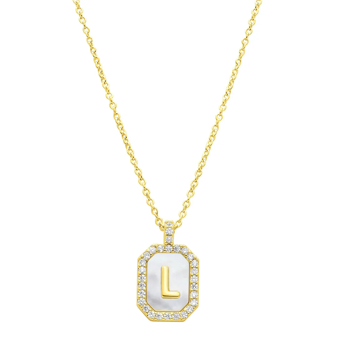 14K Gold Plated White Mother-of-Pearl Initial Tablet Necklace