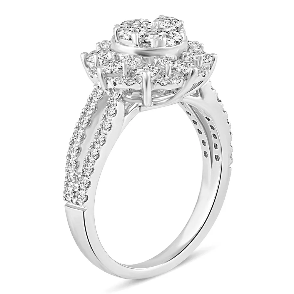 14K White Gold 1 1/2 Cttw  (I1-I2 Clarity) Diamond Floral Halo Engagement Bridal Ring