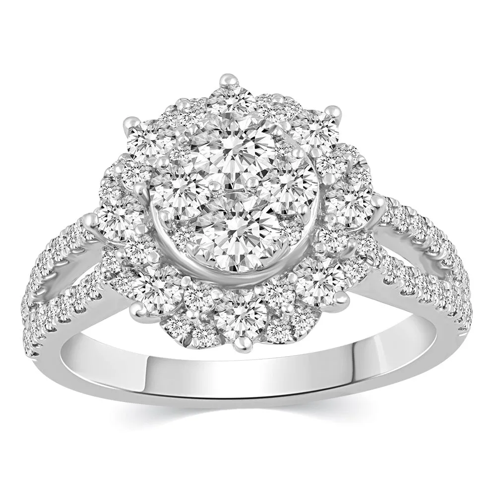 14K White Gold 1 1/2 Cttw  (I1-I2 Clarity) Diamond Floral Halo Engagement Bridal Ring