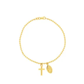 14K Yellow Gold Virgin Mary and Cross Beaded Bracelet