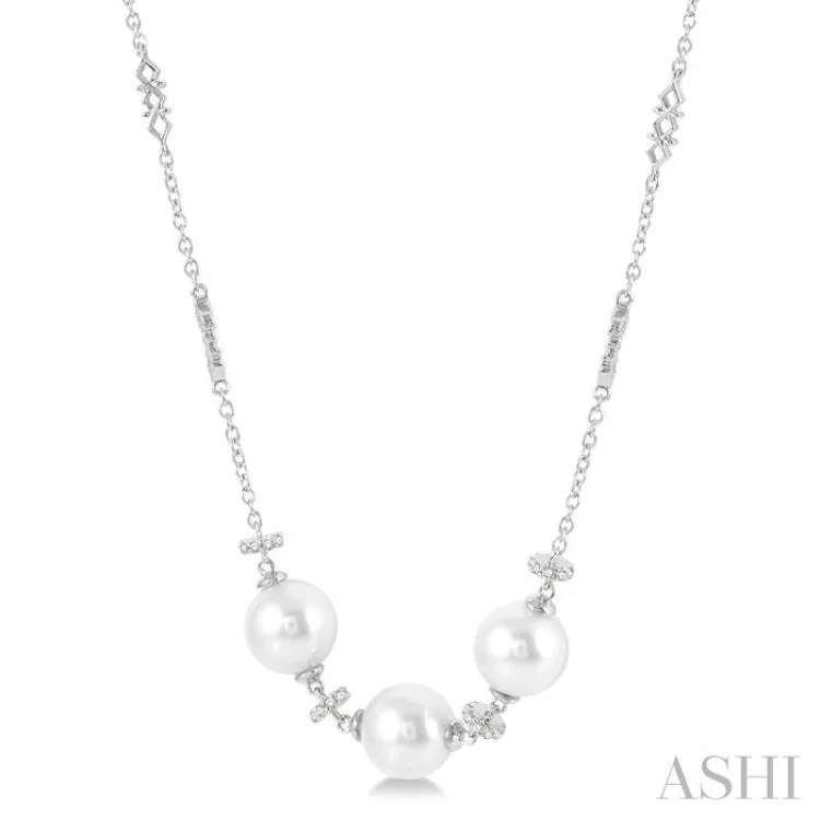 1/5 ctw 8x8MM Triple Cultured Pearl and Round Cut Diamond Circular Mount Necklace in 14K White Gold