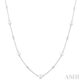 1/6 Ctw 4 MM Cultured Pearl and Round Cut Diamond Station Necklace in 14K White Gold