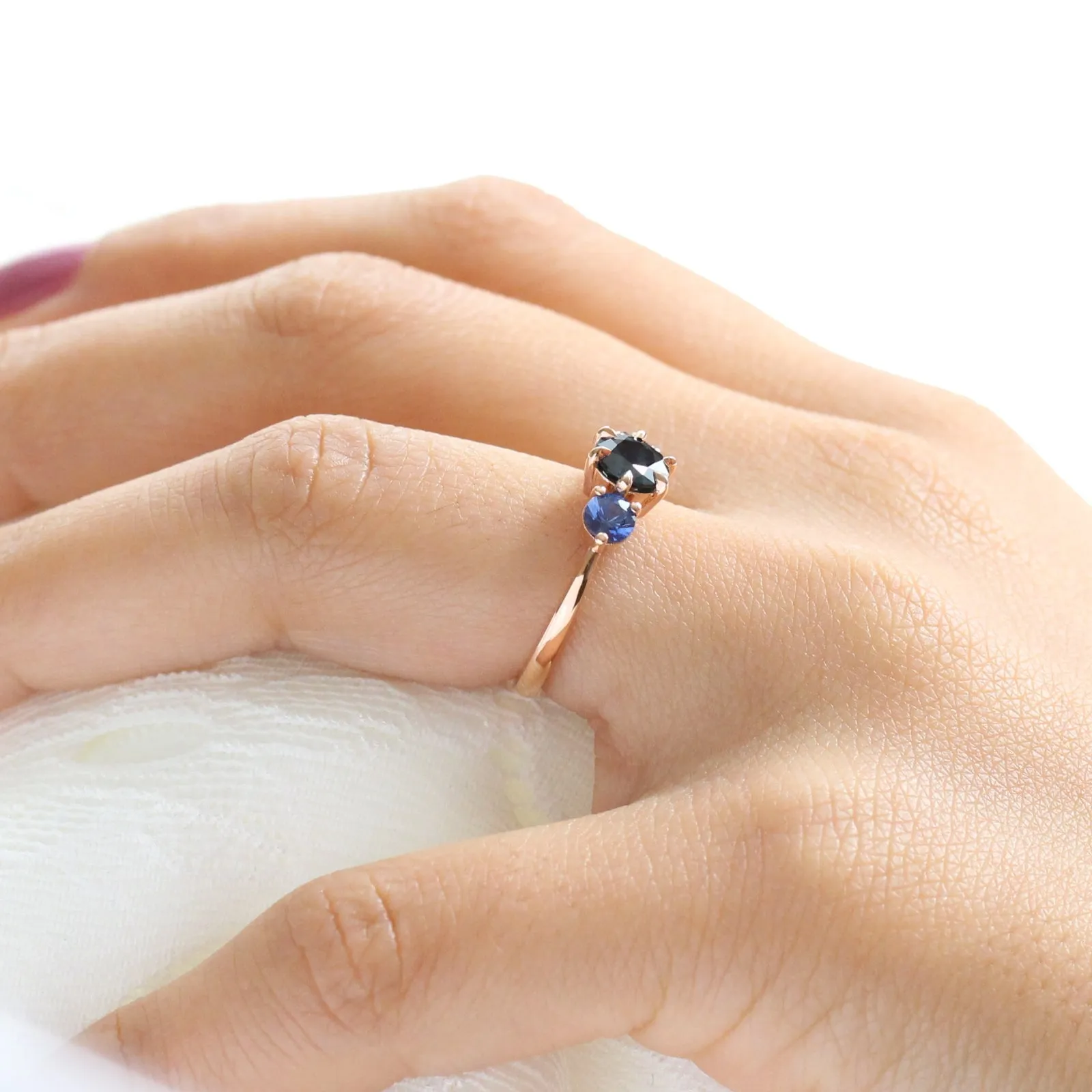 1.65 Ct Round Blue Sapphire Ring in 14k Rose Gold 3 Stone Ring, Size 6