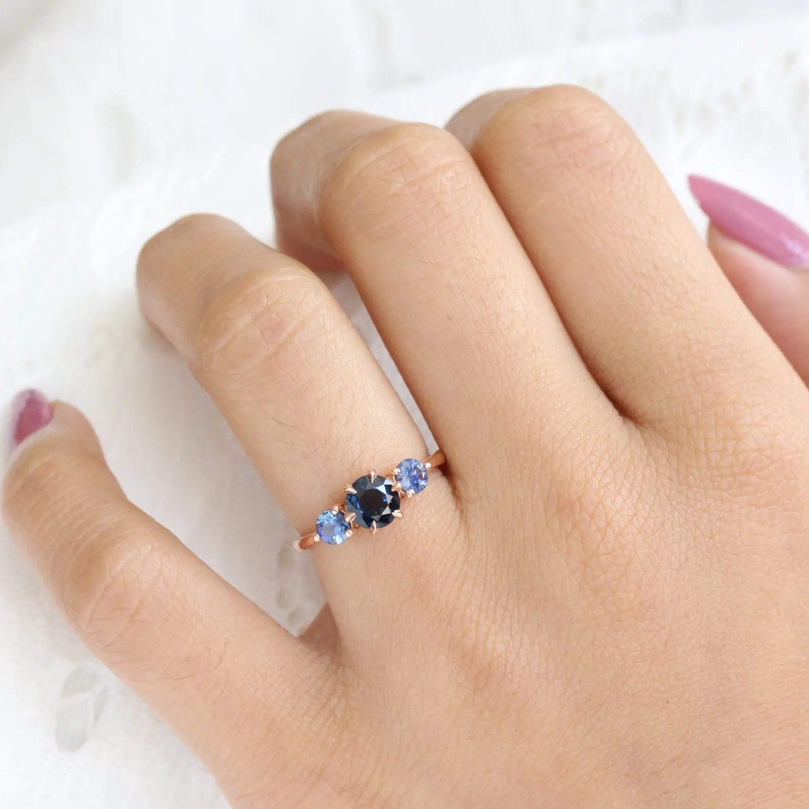 1.65 Ct Round Blue Sapphire Ring in 14k Rose Gold 3 Stone Ring, Size 6