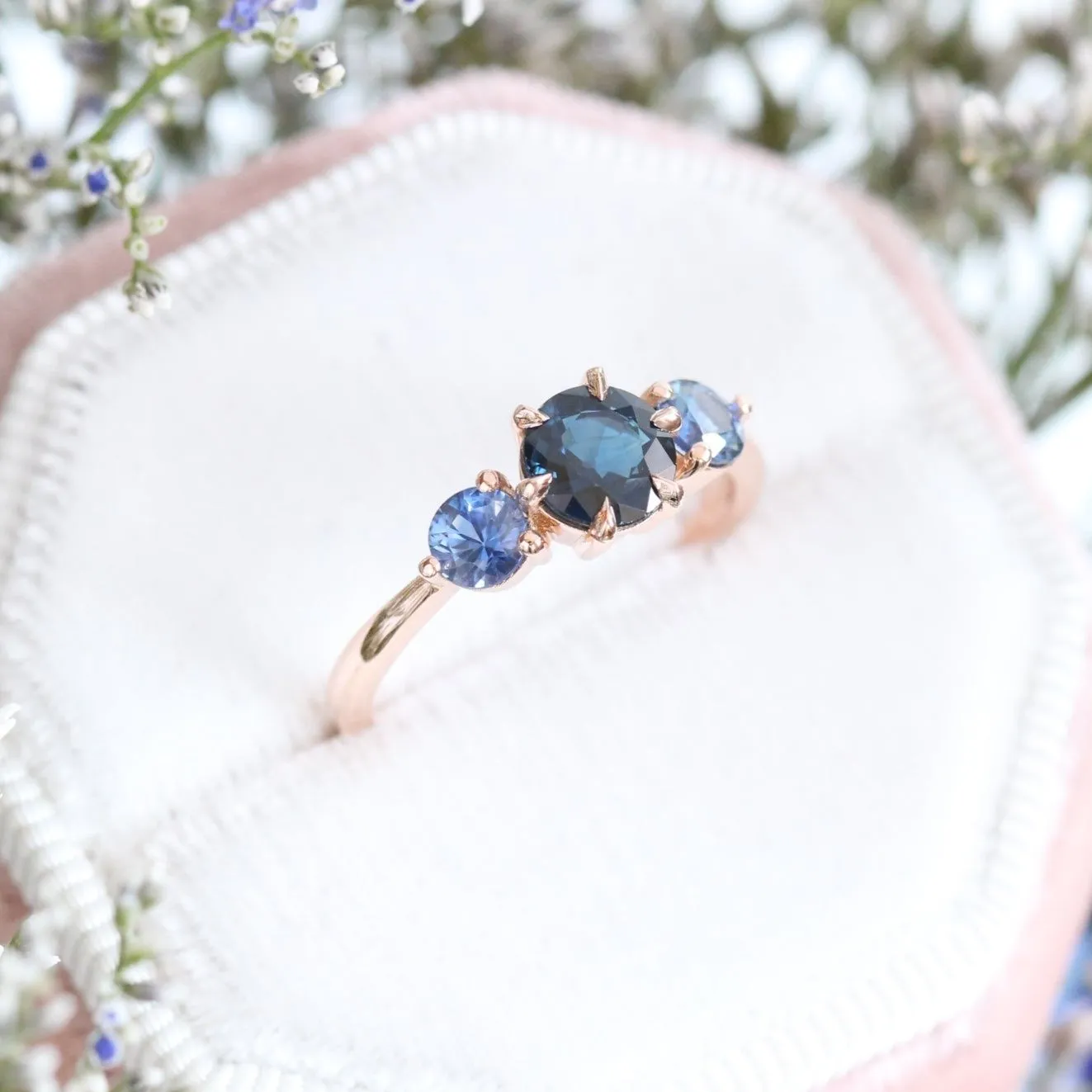 1.65 Ct Round Blue Sapphire Ring in 14k Rose Gold 3 Stone Ring, Size 6