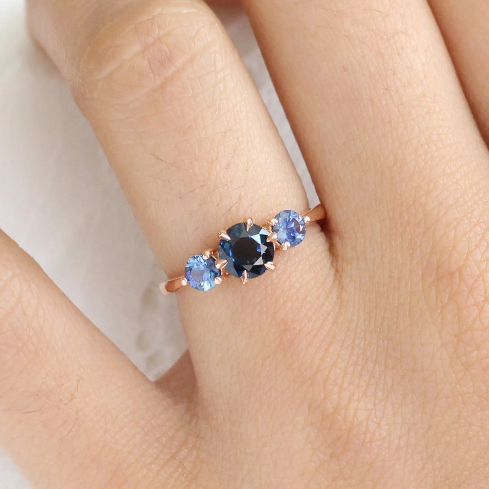 1.65 Ct Round Blue Sapphire Ring in 14k Rose Gold 3 Stone Ring, Size 6