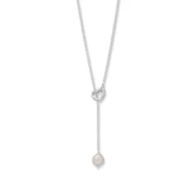 16"   2" Cultured Freshwater Pearl and CZ Heart Lariat Necklace