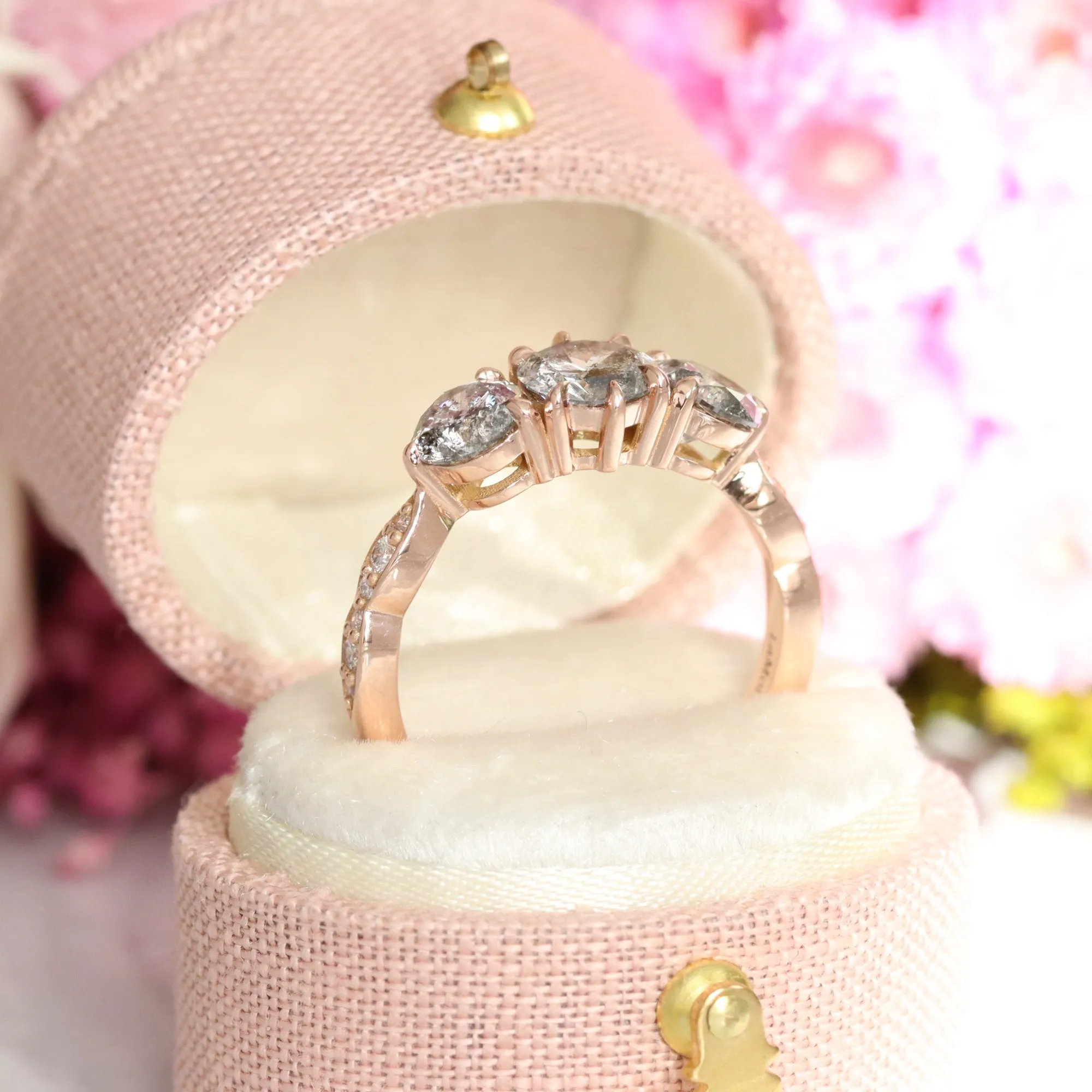 1.82 Ct Salt and Pepper Diamond Ring in 14k Rose Gold 3 Stone Scalloped Band Size 6.5