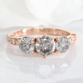 1.82 Ct Salt and Pepper Diamond Ring in 14k Rose Gold 3 Stone Scalloped Band Size 6.5