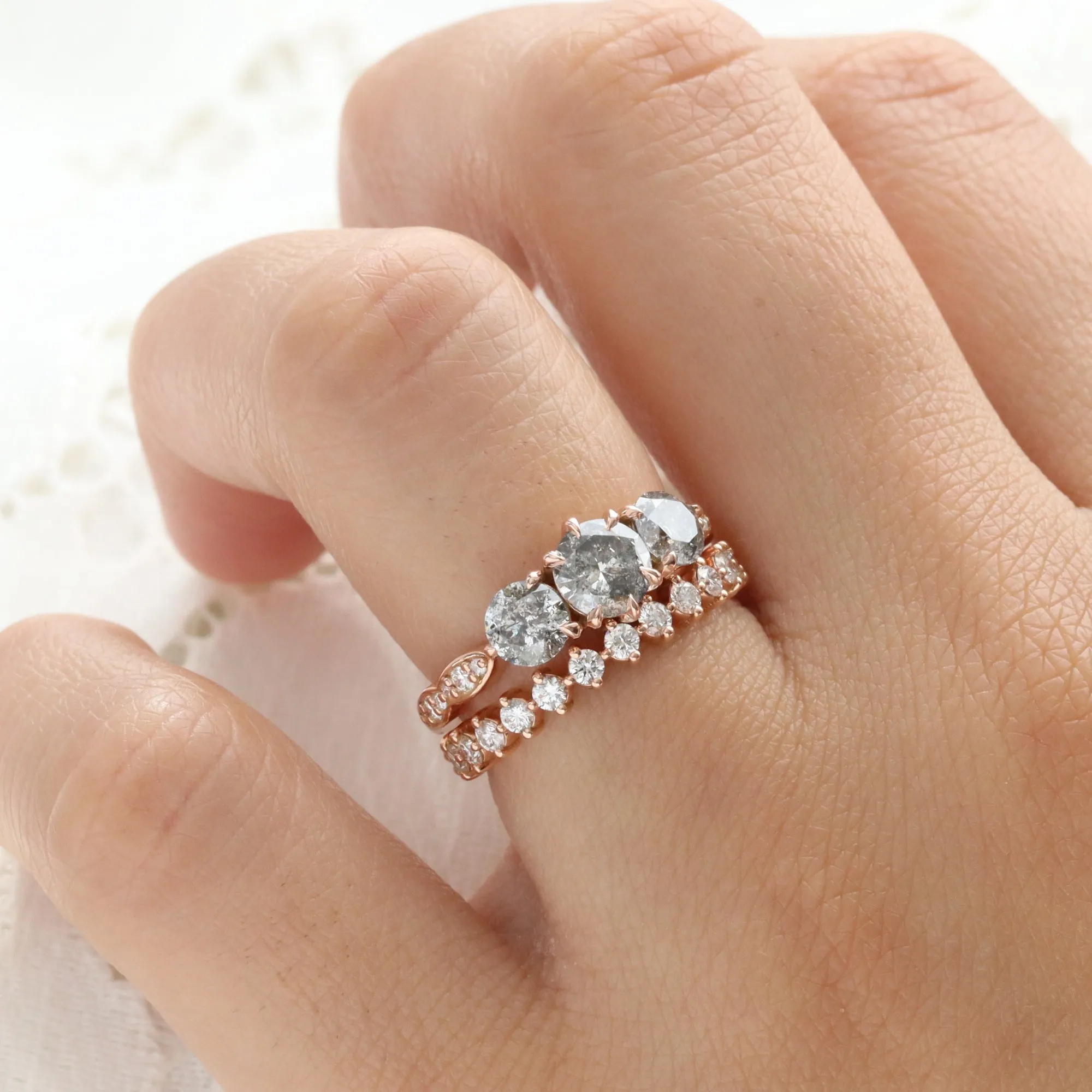 1.82 Ct Salt and Pepper Diamond Ring in 14k Rose Gold 3 Stone Scalloped Band Size 6.5