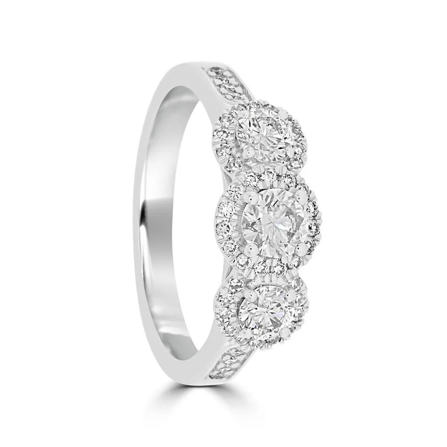 18ct White Gold 3 Stone Diamond Ring with Diamond Surrounds and Shoulders