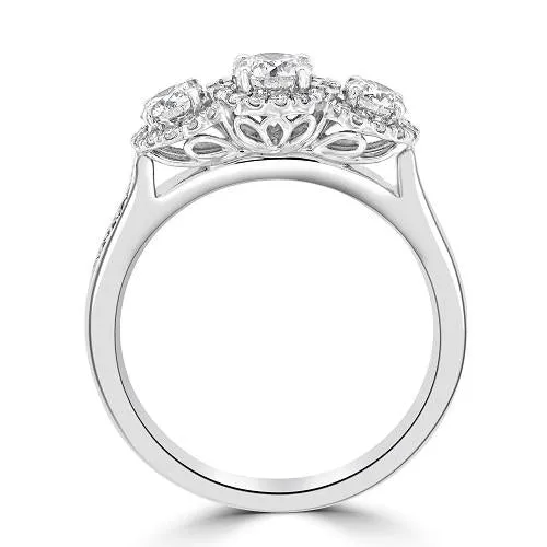 18ct White Gold 3 Stone Diamond Ring with Diamond Surrounds and Shoulders