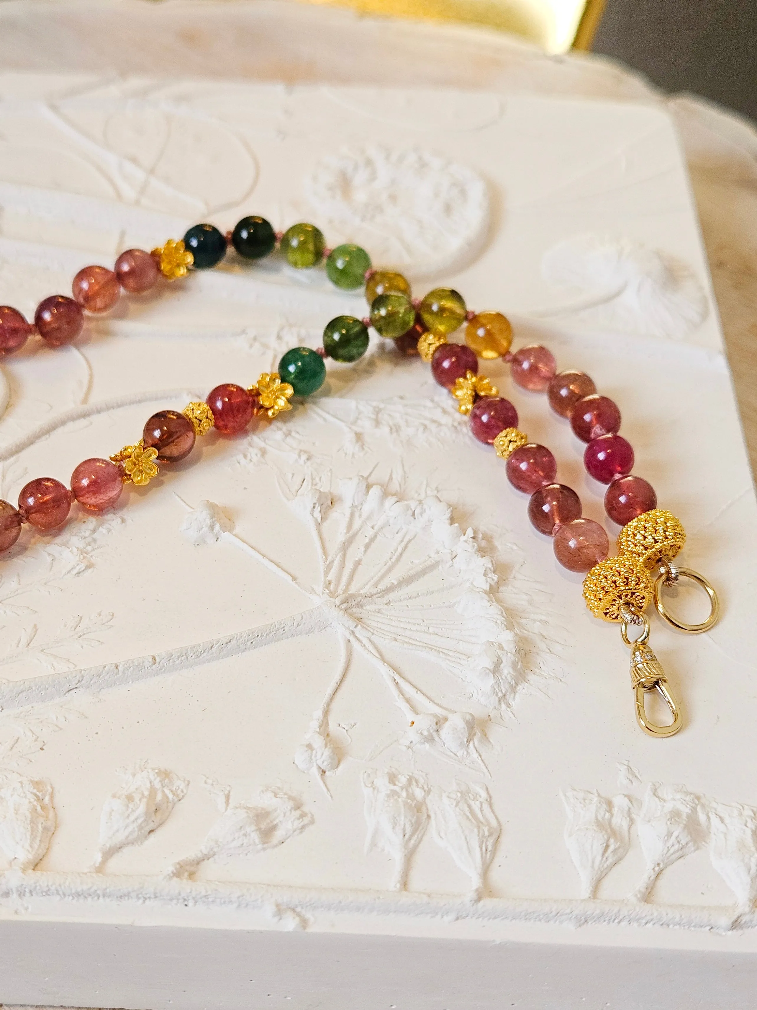 18K Yellow Solid Gold Top Quality Multicolor Tourmaline Necklace with Freshwater Edison Pearl