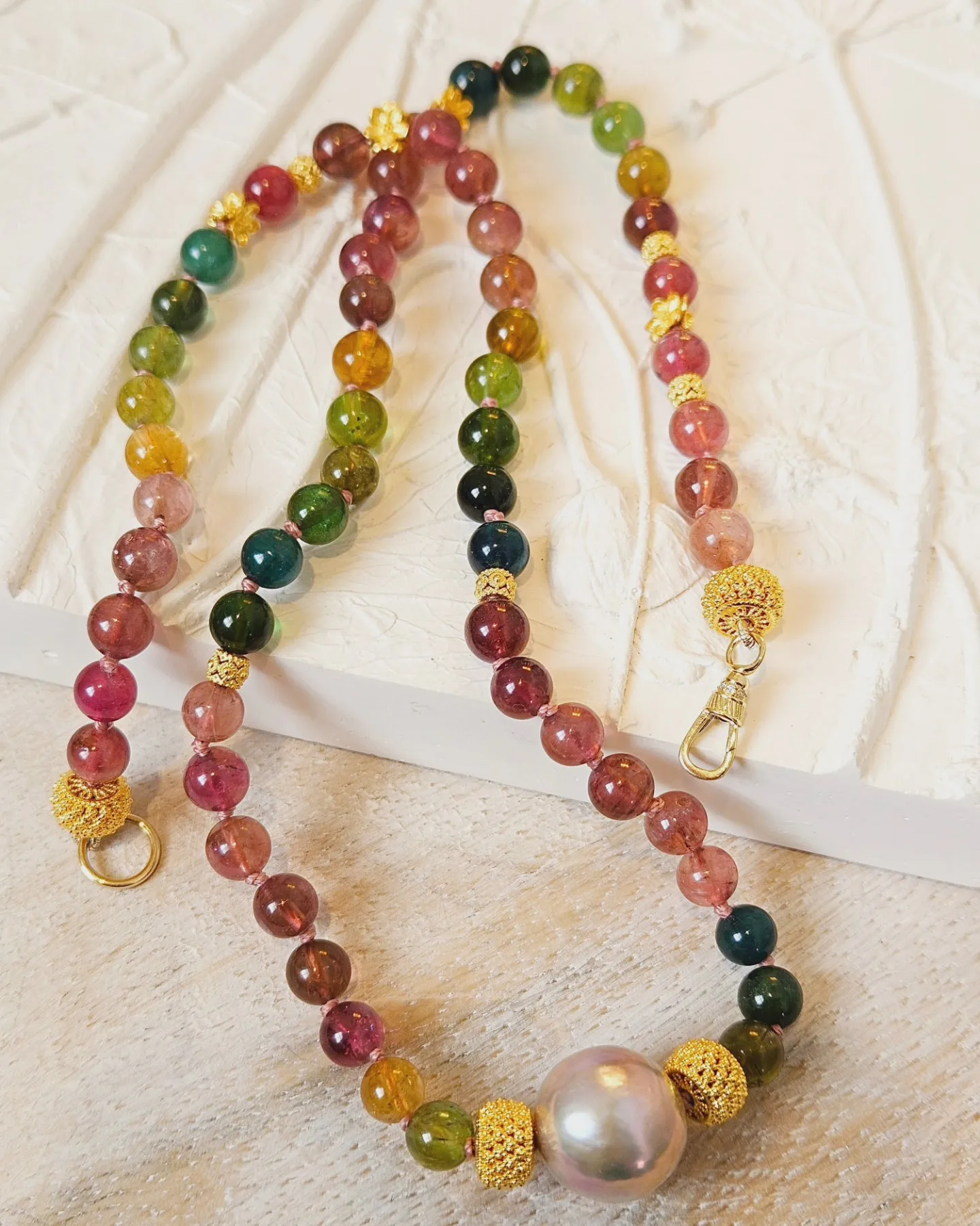 18K Yellow Solid Gold Top Quality Multicolor Tourmaline Necklace with Freshwater Edison Pearl