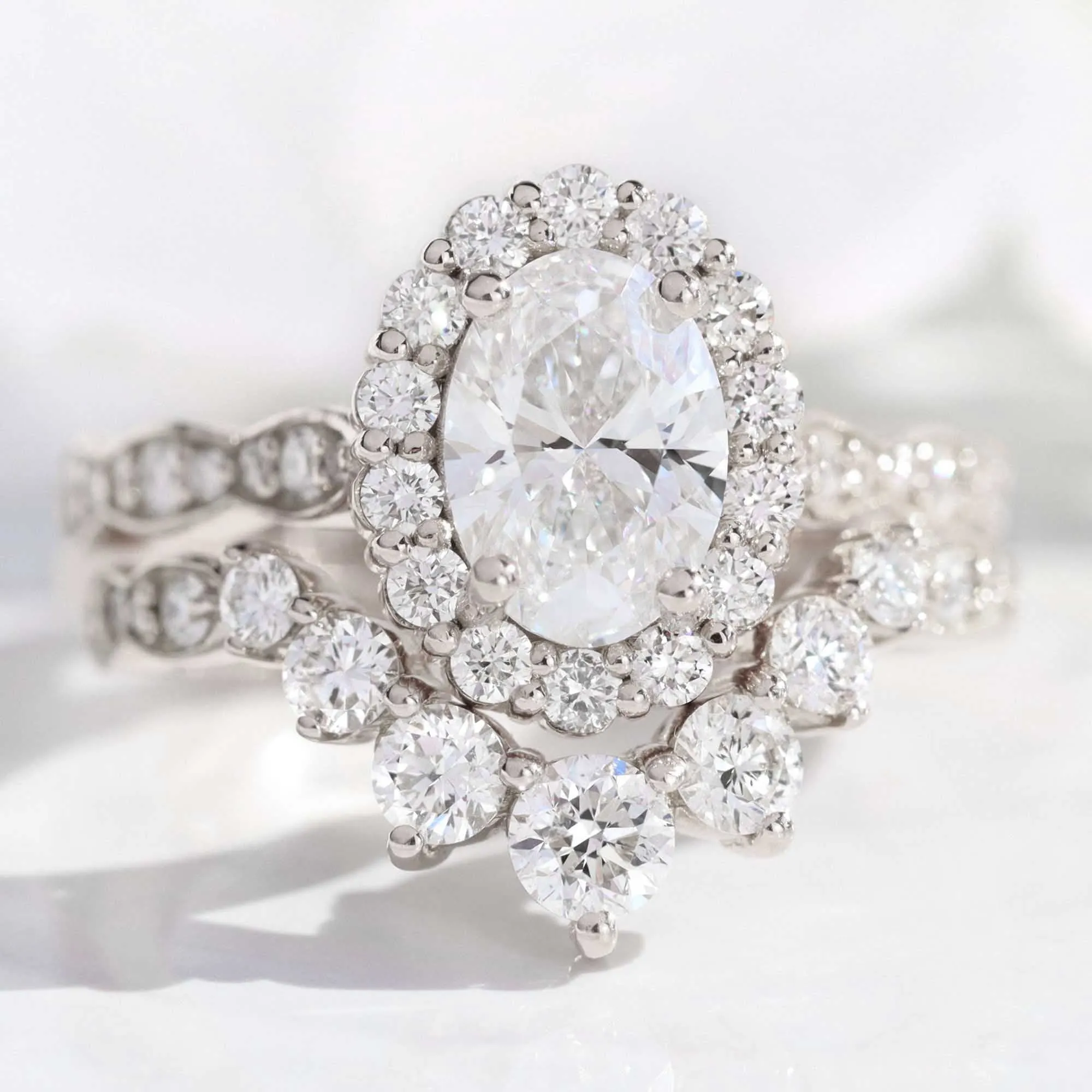 2.35 Ct Oval Diamond Halo Ring Set w/ Lab Diamond and Large 7 Stone Scalloped Band