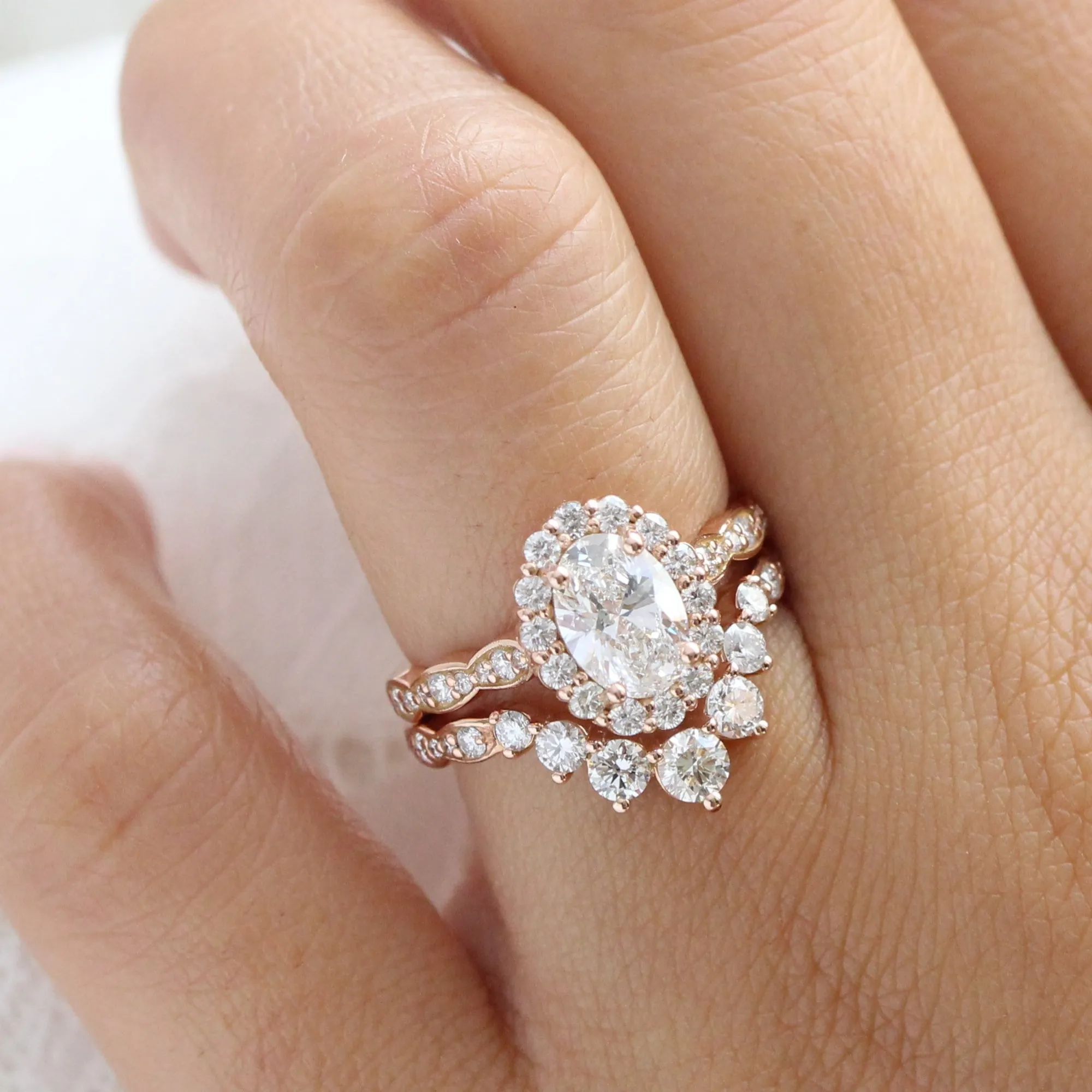 2.35 Ct Oval Diamond Halo Ring Set w/ Lab Diamond and Large 7 Stone Scalloped Band