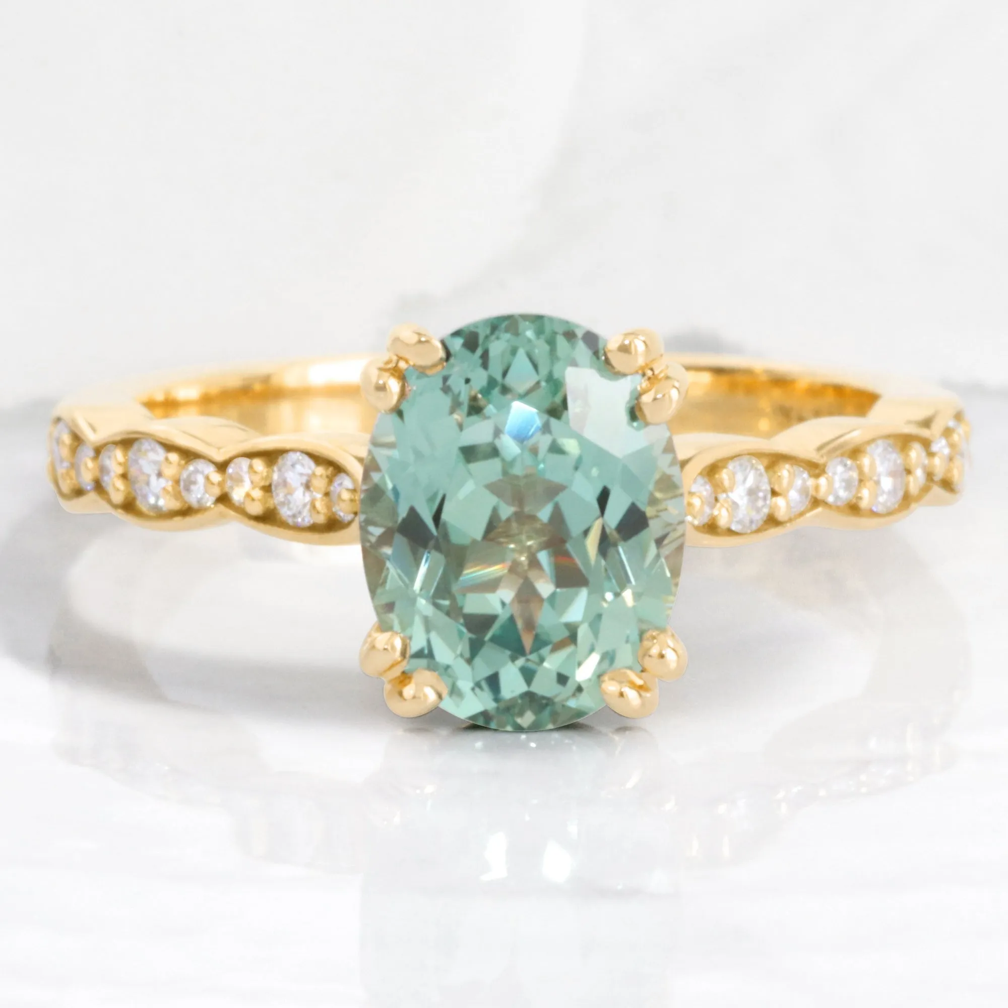 2.55 Ct. Oval Green Sapphire Ring in Grace Solitaire Diamond Scalloped Band