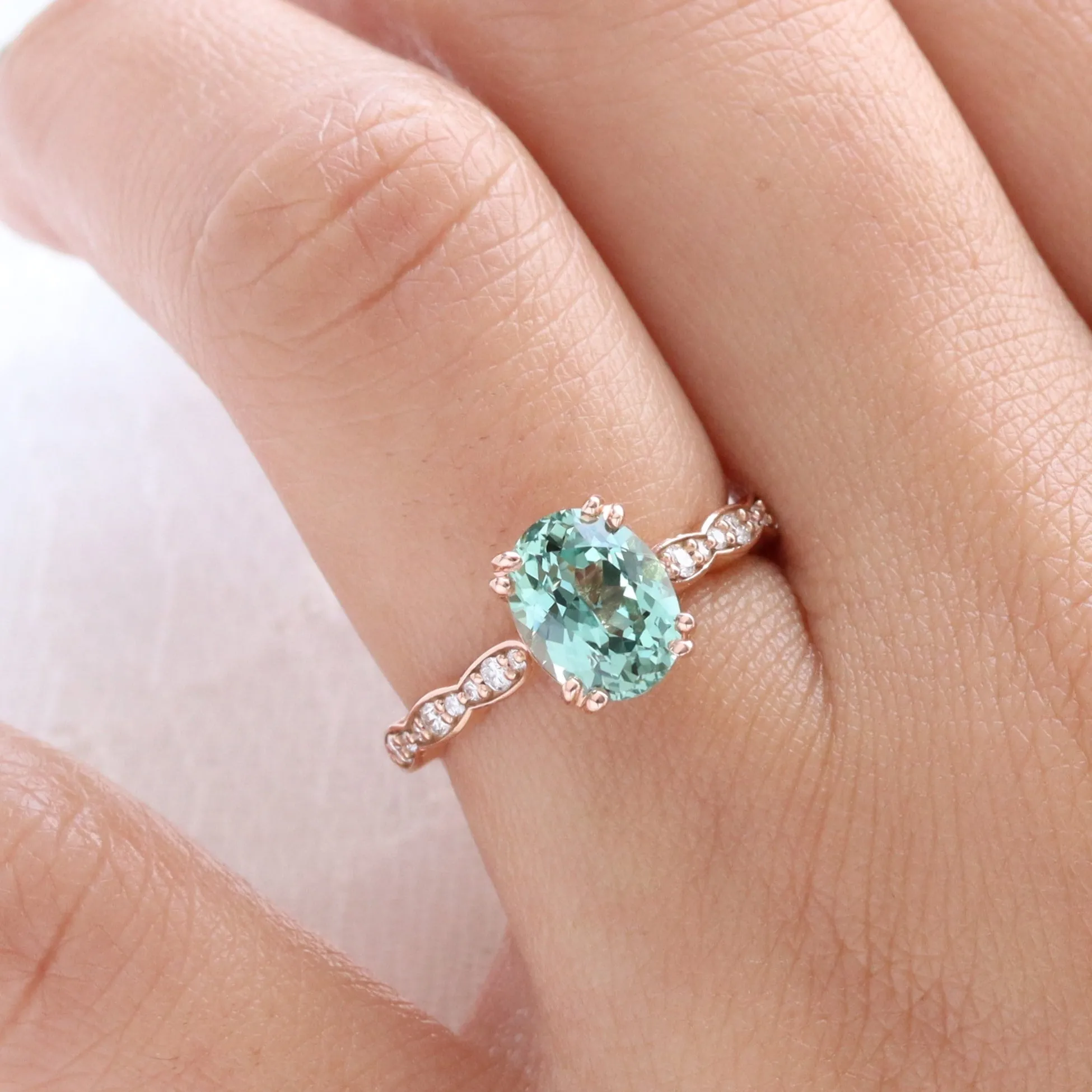 2.55 Ct. Oval Green Sapphire Ring in Grace Solitaire Diamond Scalloped Band