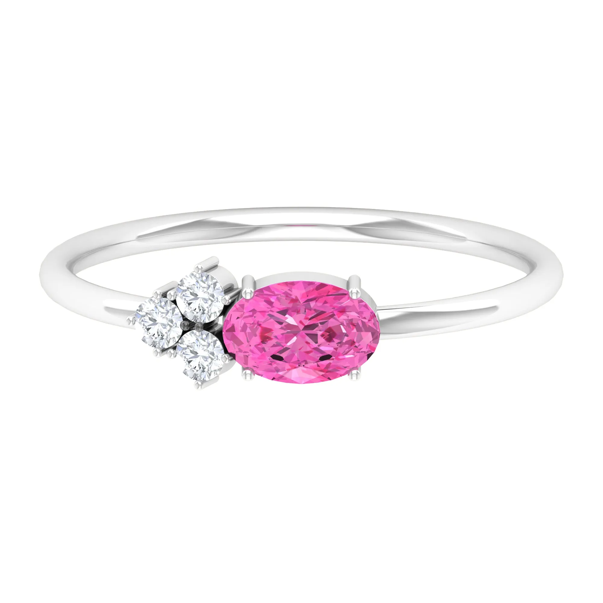 3/4 CT Oval Cut Pink Sapphire Promise Ring with Diamond Trio