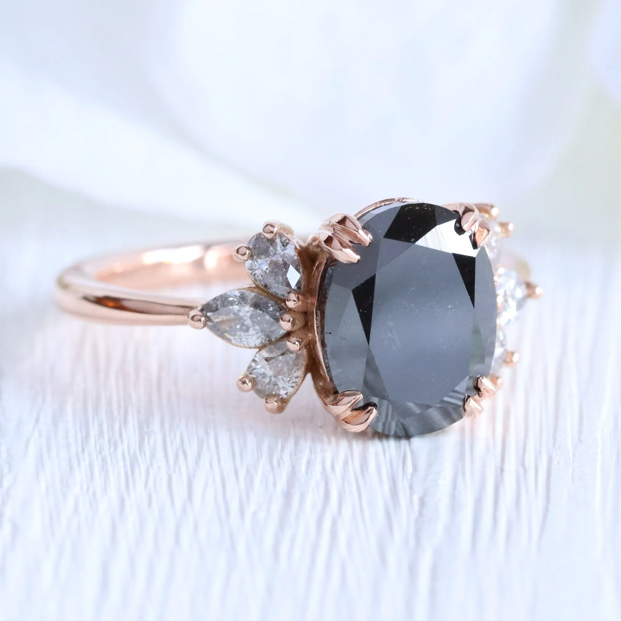 3.74 Ct Large Oval Black Diamond Ring in 14k Rose Gold 3 Stone Grey Diamond, Size 6.75