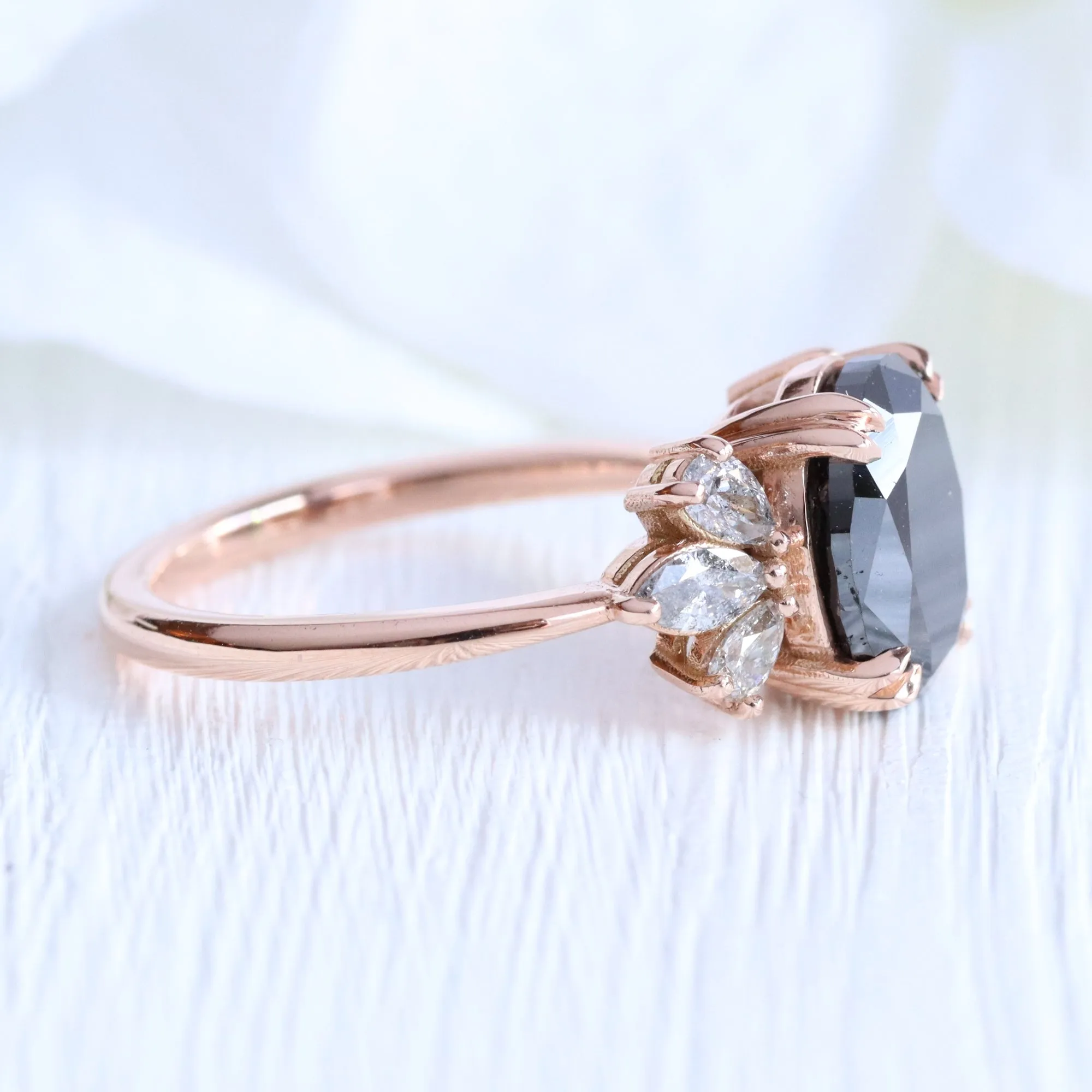 3.74 Ct Large Oval Black Diamond Ring in 14k Rose Gold 3 Stone Grey Diamond, Size 6.75