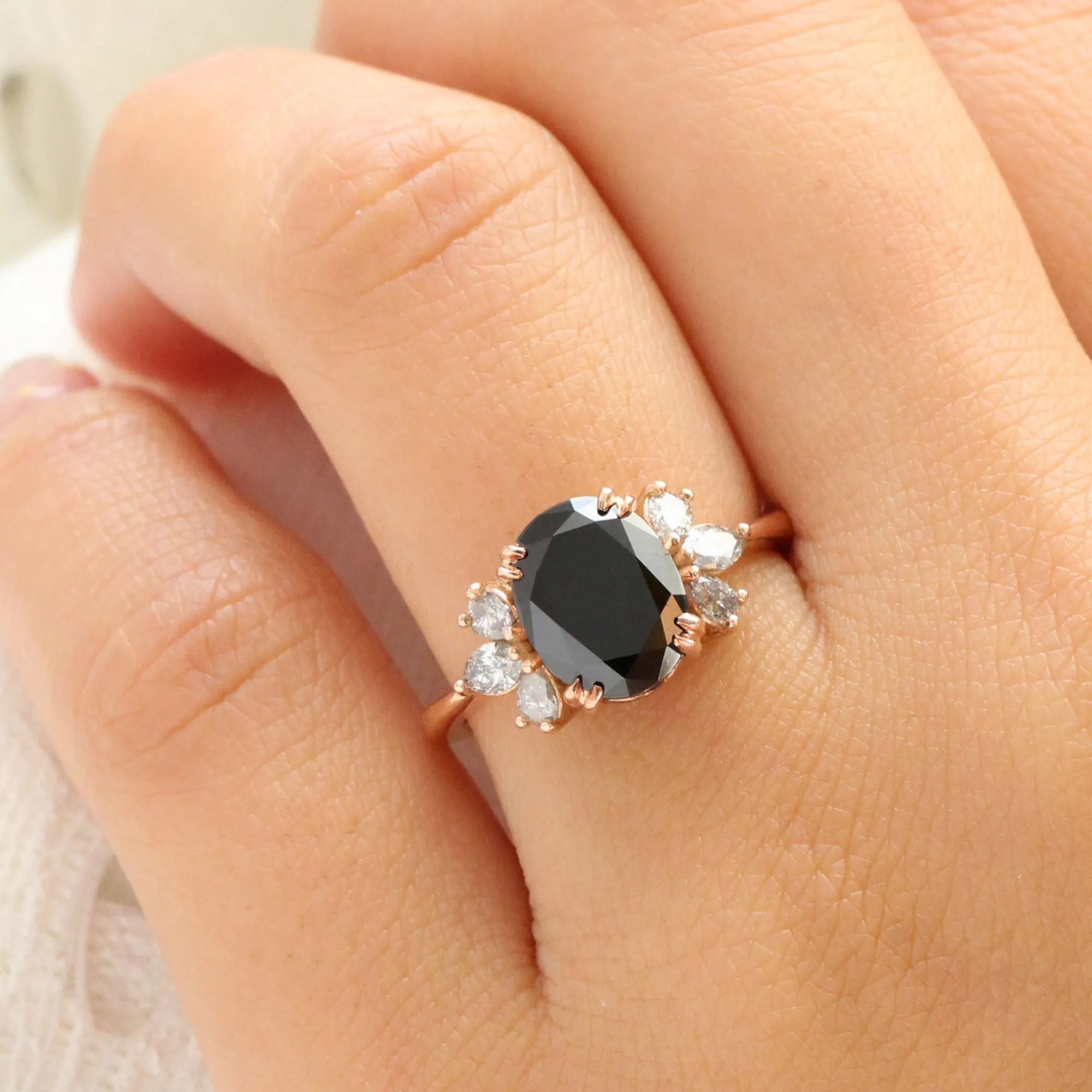 3.74 Ct Large Oval Black Diamond Ring in 14k Rose Gold 3 Stone Grey Diamond, Size 6.75